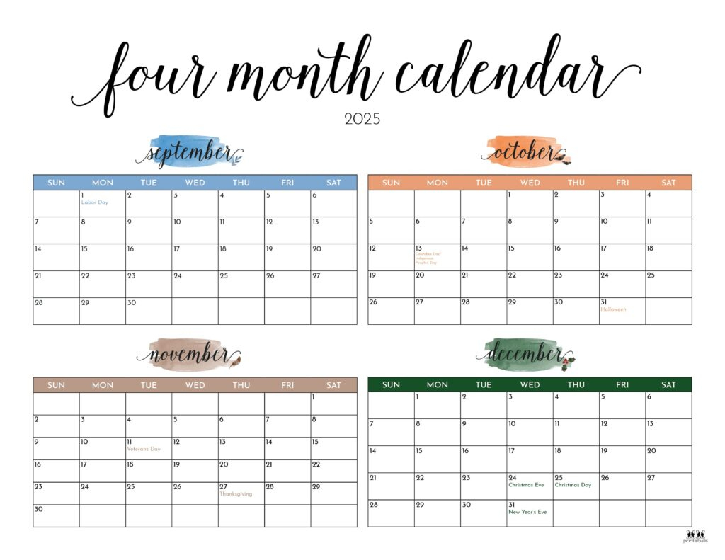 2025 Four Month Calendars - 31 Free Printables | Printabulls inside Printable Calendar August 2025 To December 2025