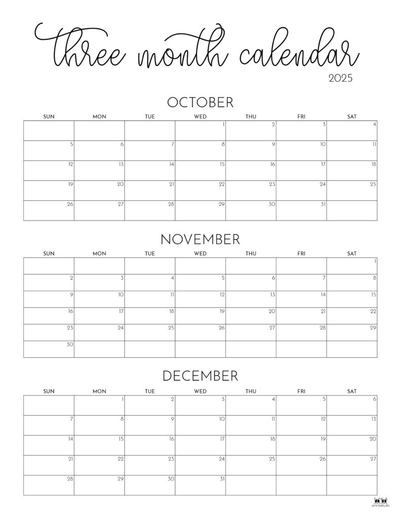2025 Three Month/Quarterly Calendars - 36 Free Cals | Printabulls with Printable 3 Month Calendar October November December 2025