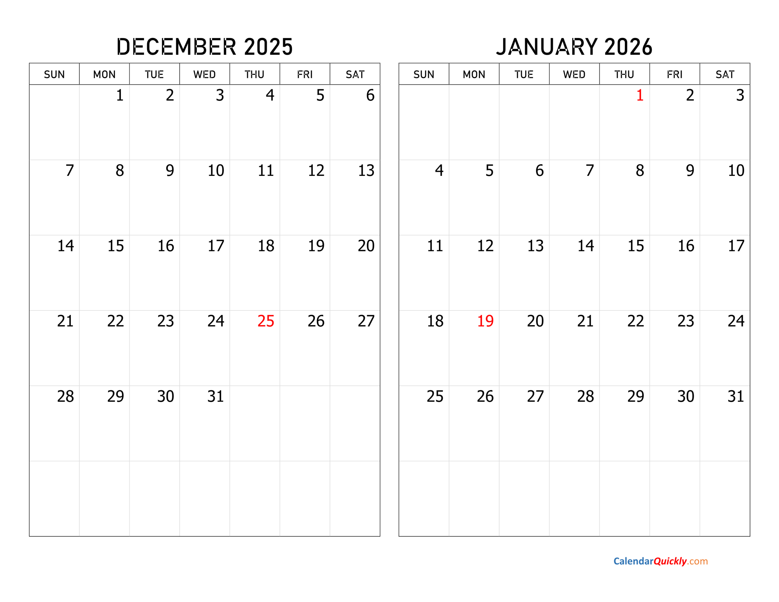 December 2025 And January 2026 Calendar | Calendar Quickly regarding December 2025 January 2026 Calendar Printable
