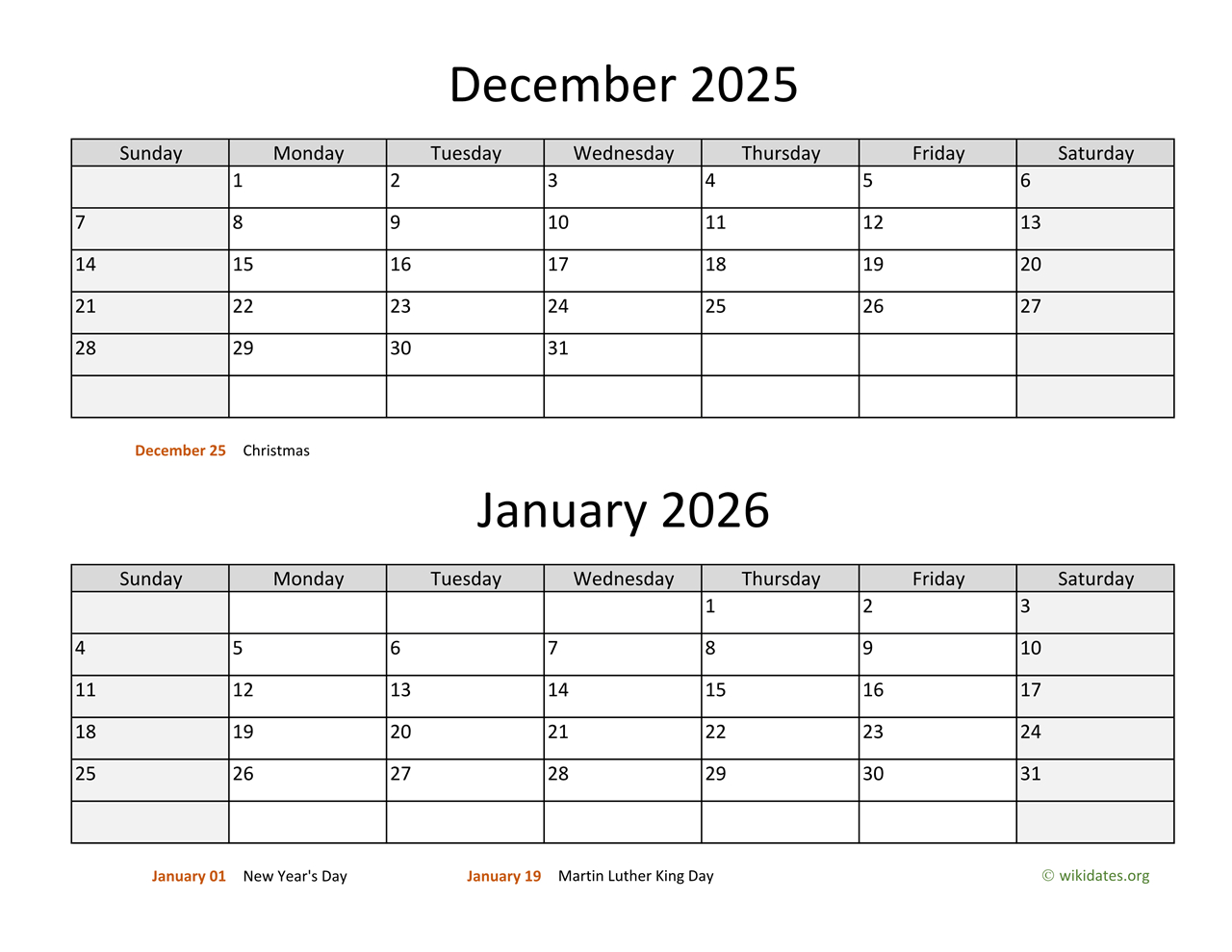 December 2025 And January 2026 Calendar | Wikidates regarding December 2025 And January 2026 Calendar Printable