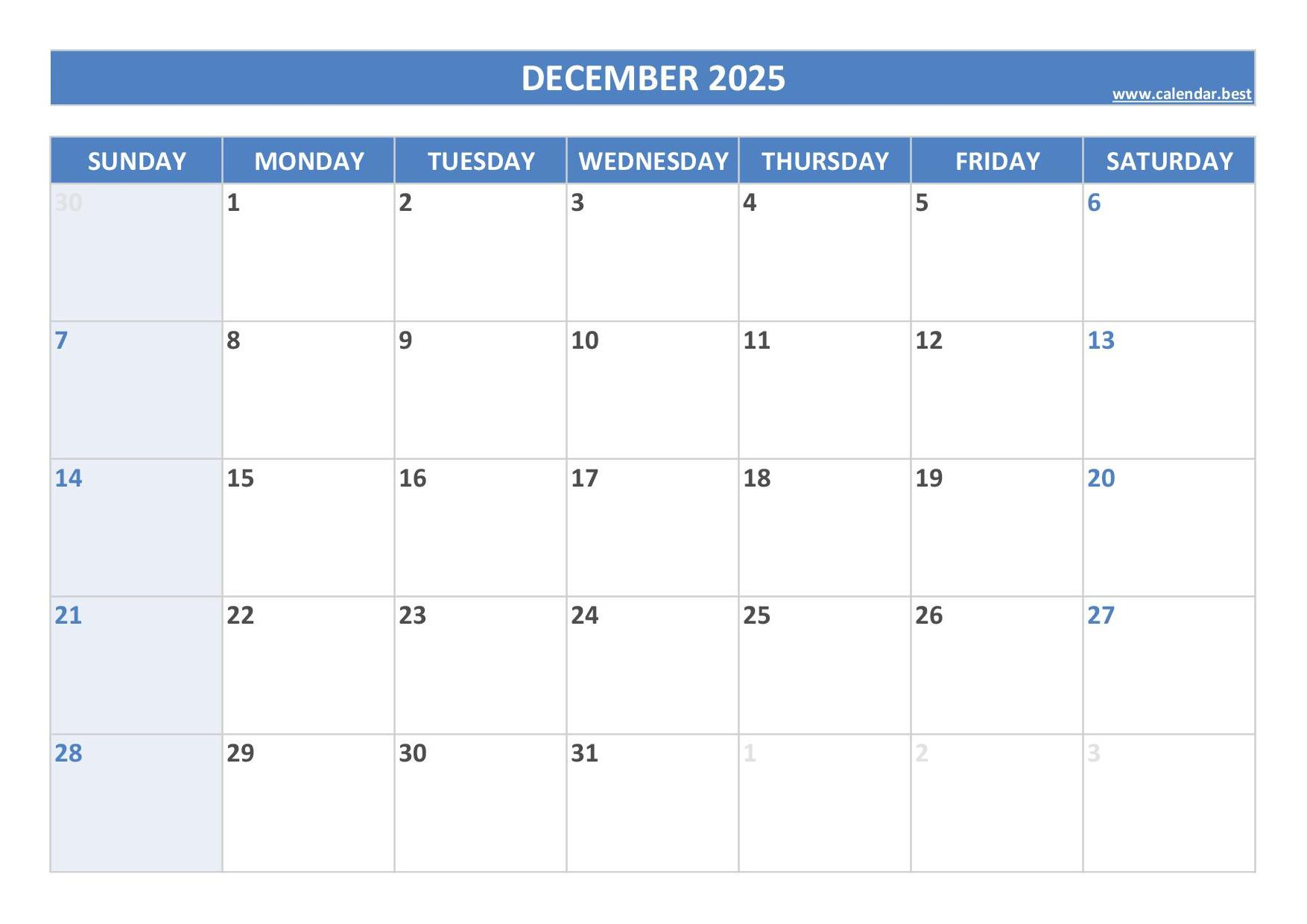December 2025 Calendar -Calendar.best with Free Printable December 2025 Calendar