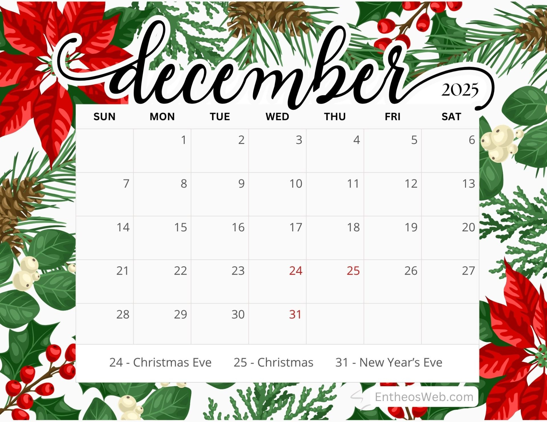 December 2025 Calendar Free Pdf Printables | Entheosweb for December 2025 Calendar Printable Free