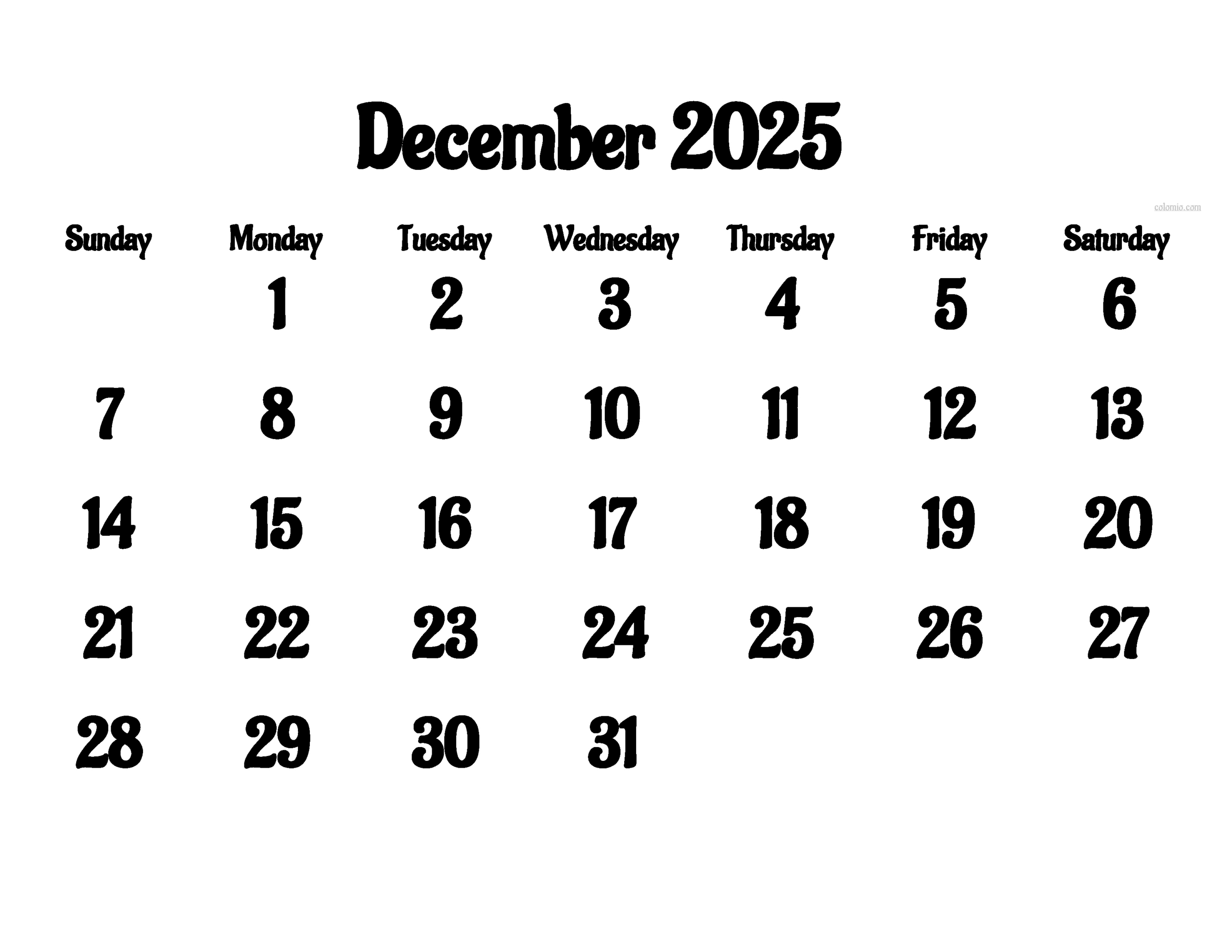 December 2025 Calendar - Free Printable Pdf, Xls And Png | Www pertaining to Free Printable December 2025 Calendar Numbers
