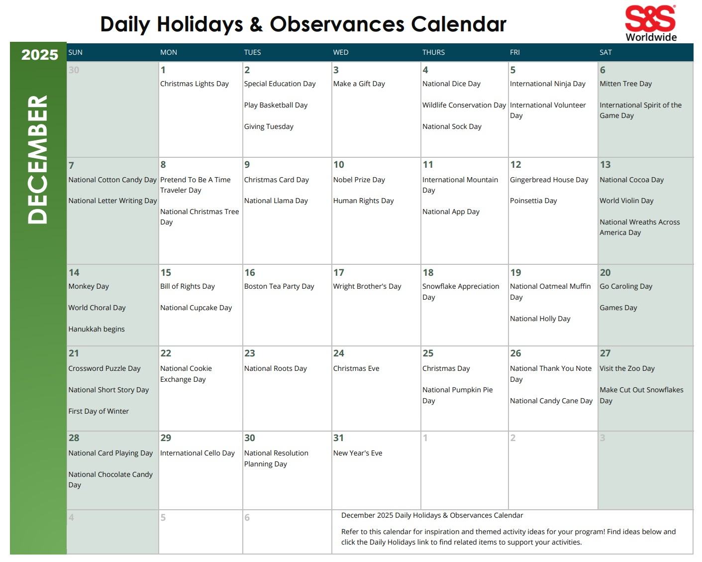 December Daily Holidays & Observances Printable Calendar - S&S Blog within December 2025 Daily Calendar Printable