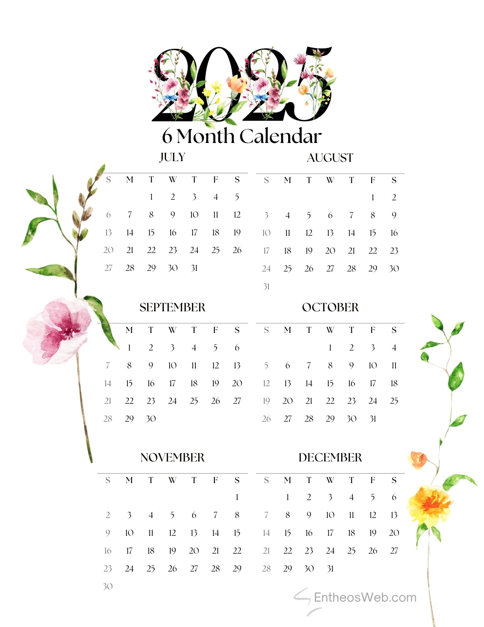 July To December 2025 – 6 Month Calendar Printable | Entheosweb in July to December 2025 Calendar Printable