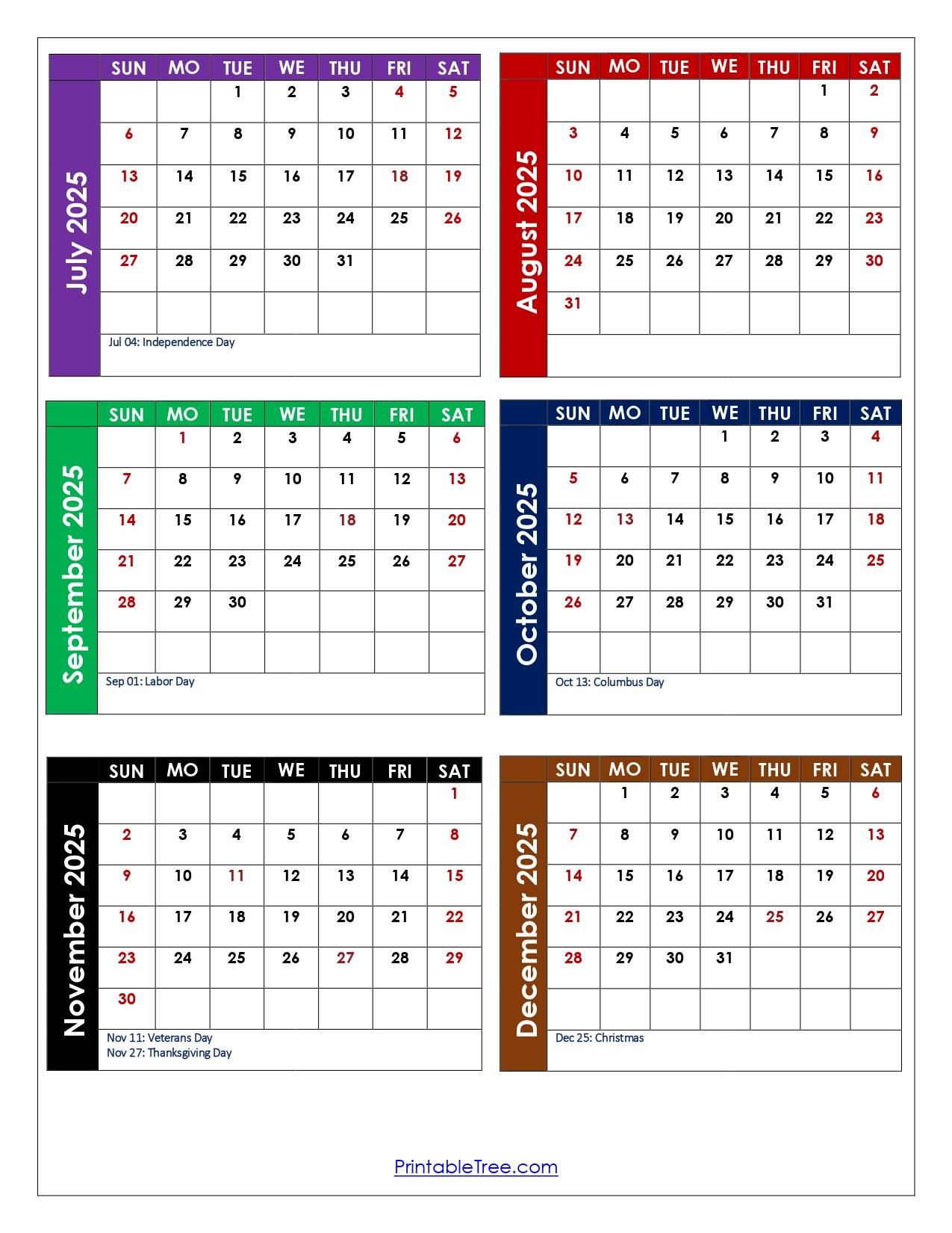 July To December 2025 Calendar Printable Pdf | Six Months Calendar in Printable Calendar August to December 2025