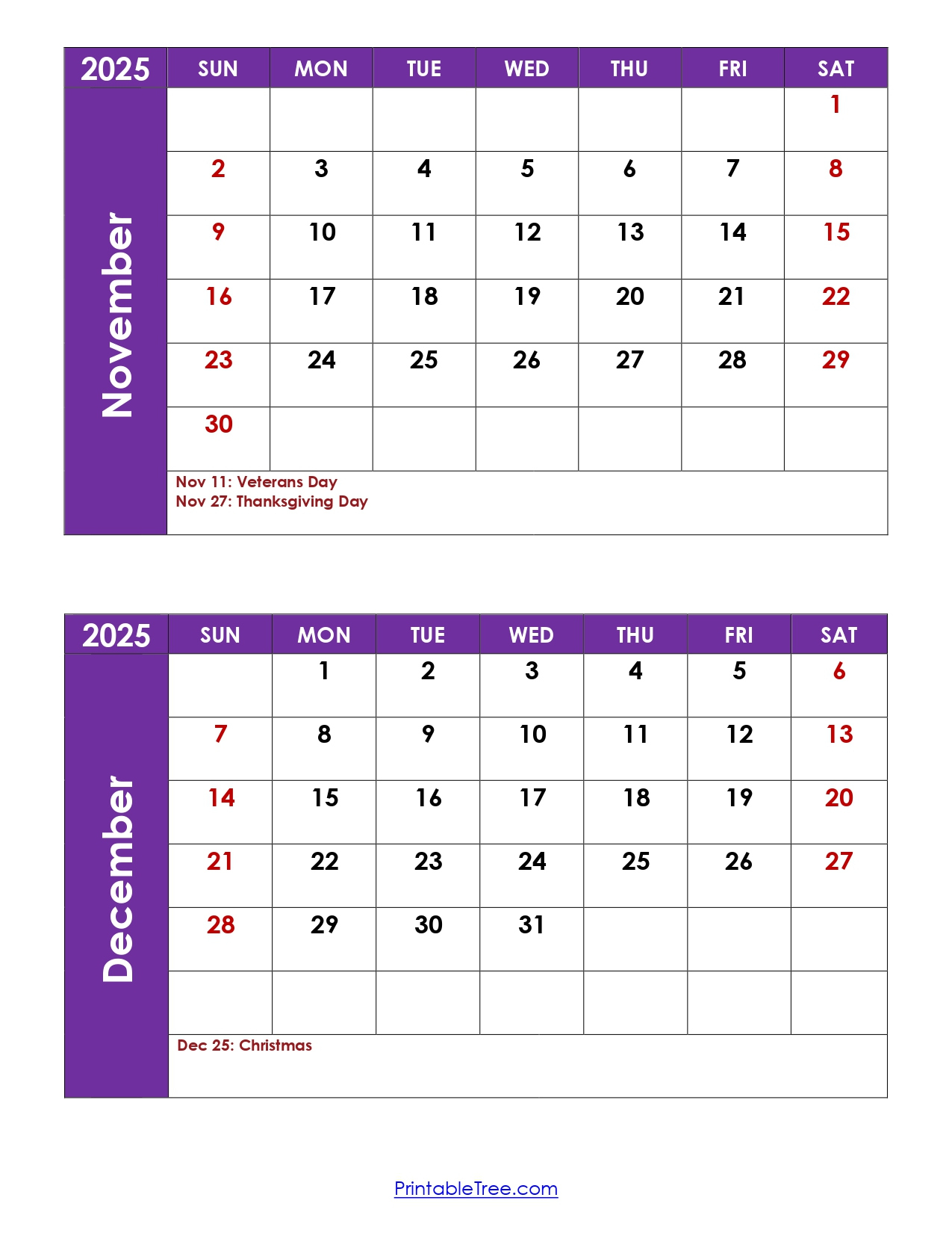 November And December 2025 Calendar Printable Pdf | Two Months for Printable Calendar November and December 2025