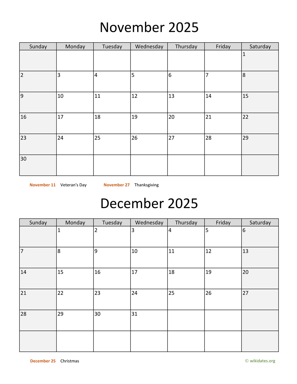 November And December 2025 Calendar | Wikidates inside Printable Calendar For November and December 2025