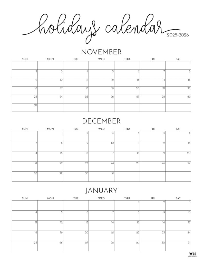 November December 2025 Calendars - 28 Printables | Printabulls pertaining to Printable 3 Month Calendar November December 2025 January 2026