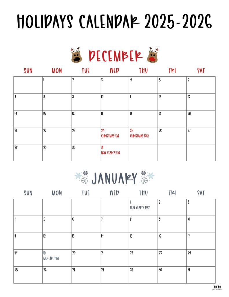 November December 2025 Calendars - 28 Printables | Printabulls regarding Printable December 2025 January Calendar