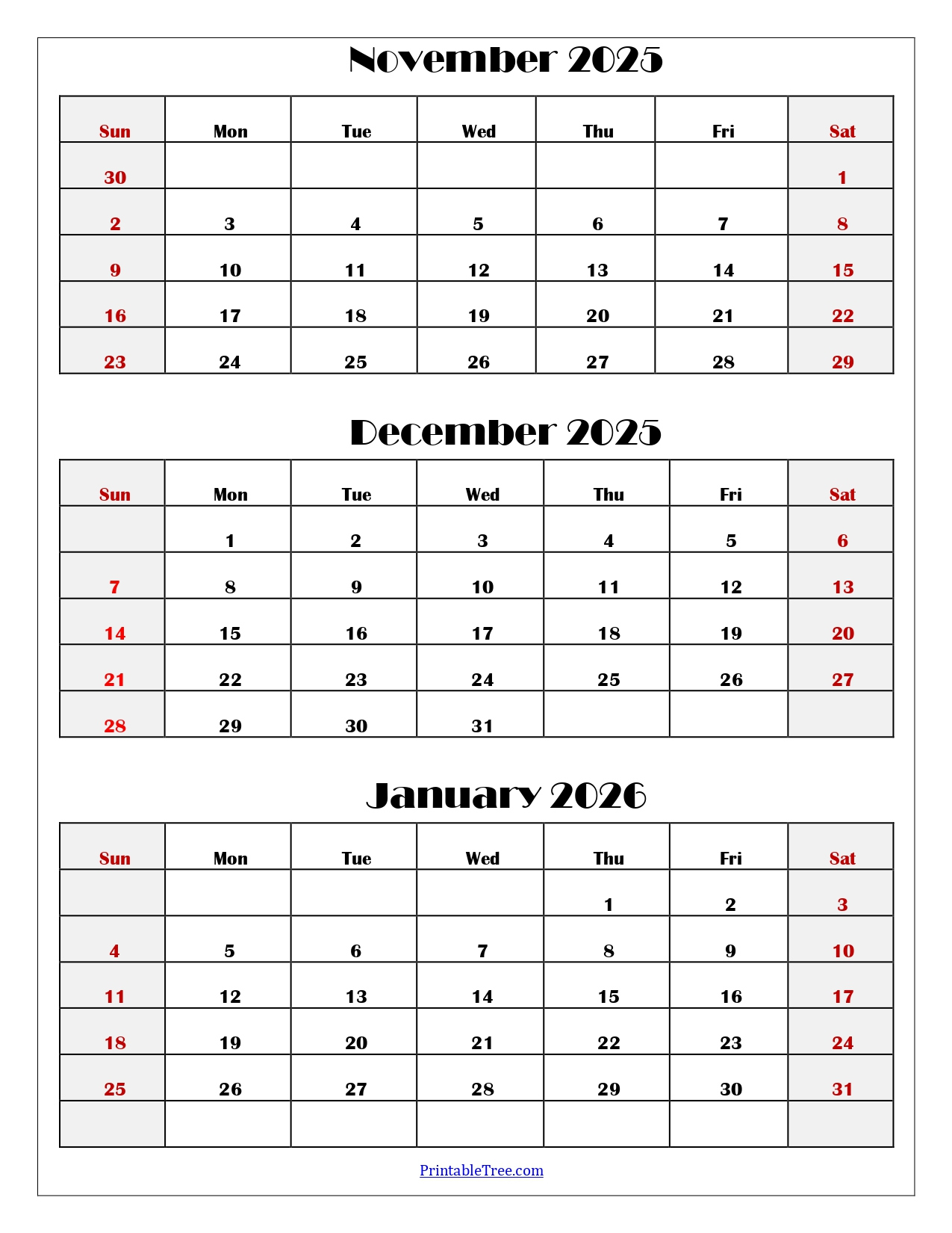 November To January 2026 Calendar Printable Pdf | Three Months in Printable 3 Month Calendar November December 2025 January 2026