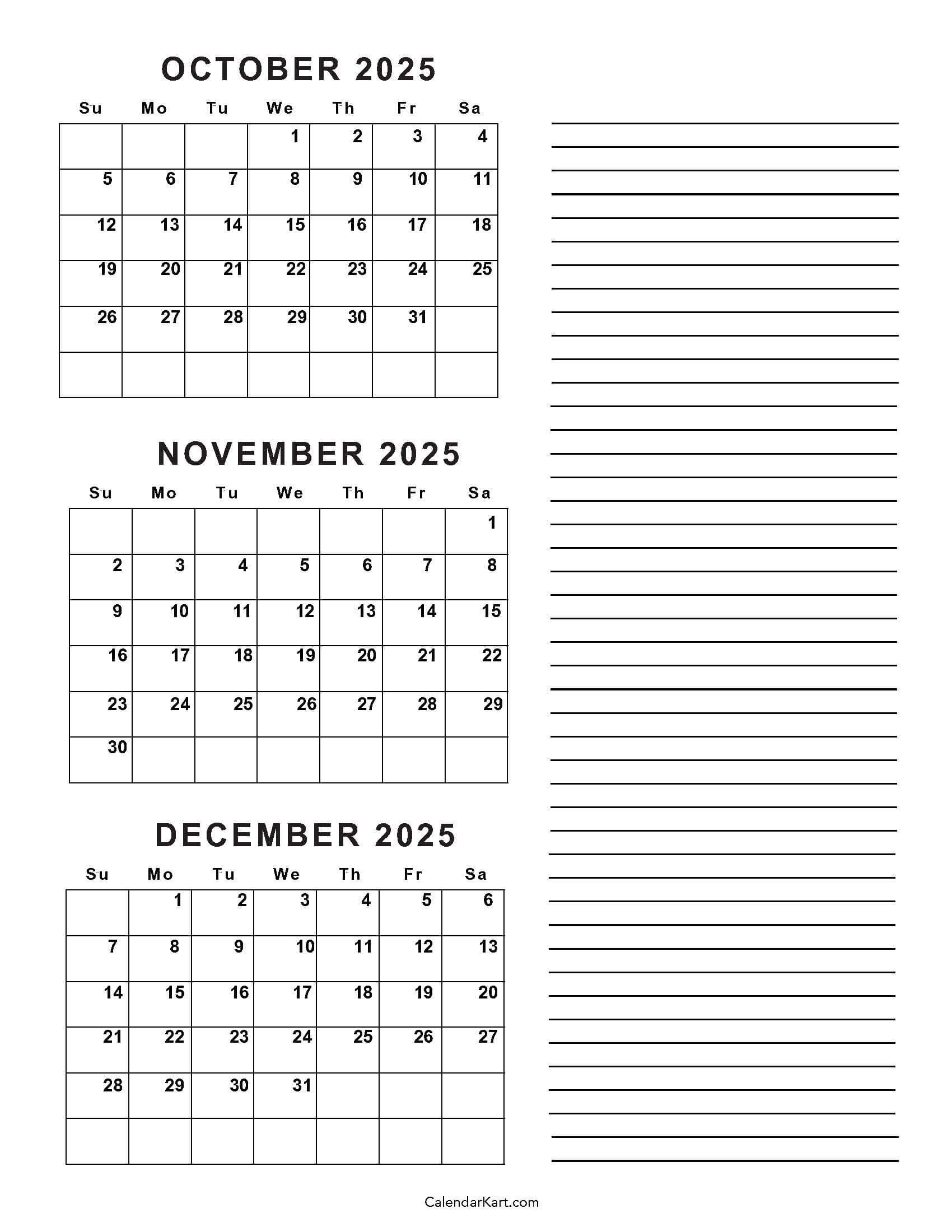October To December 2025 Calendar (Q4) - Calendarkart in October November December Calendar 2025 Printable