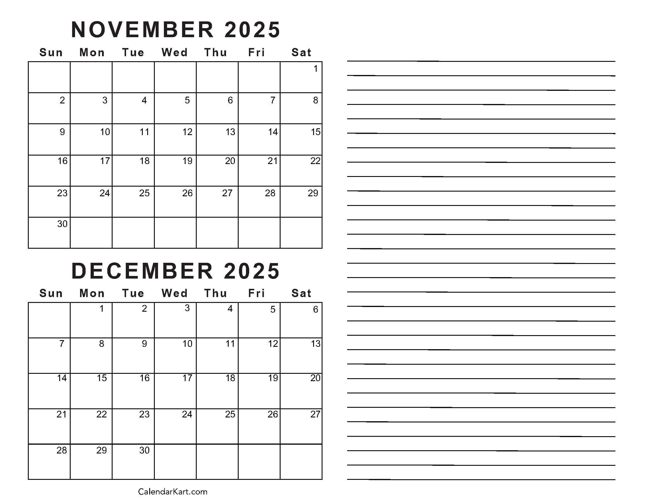Printable November December 2025 Calendars | Calendarkart for Free Printable Calendar For November And December 2025