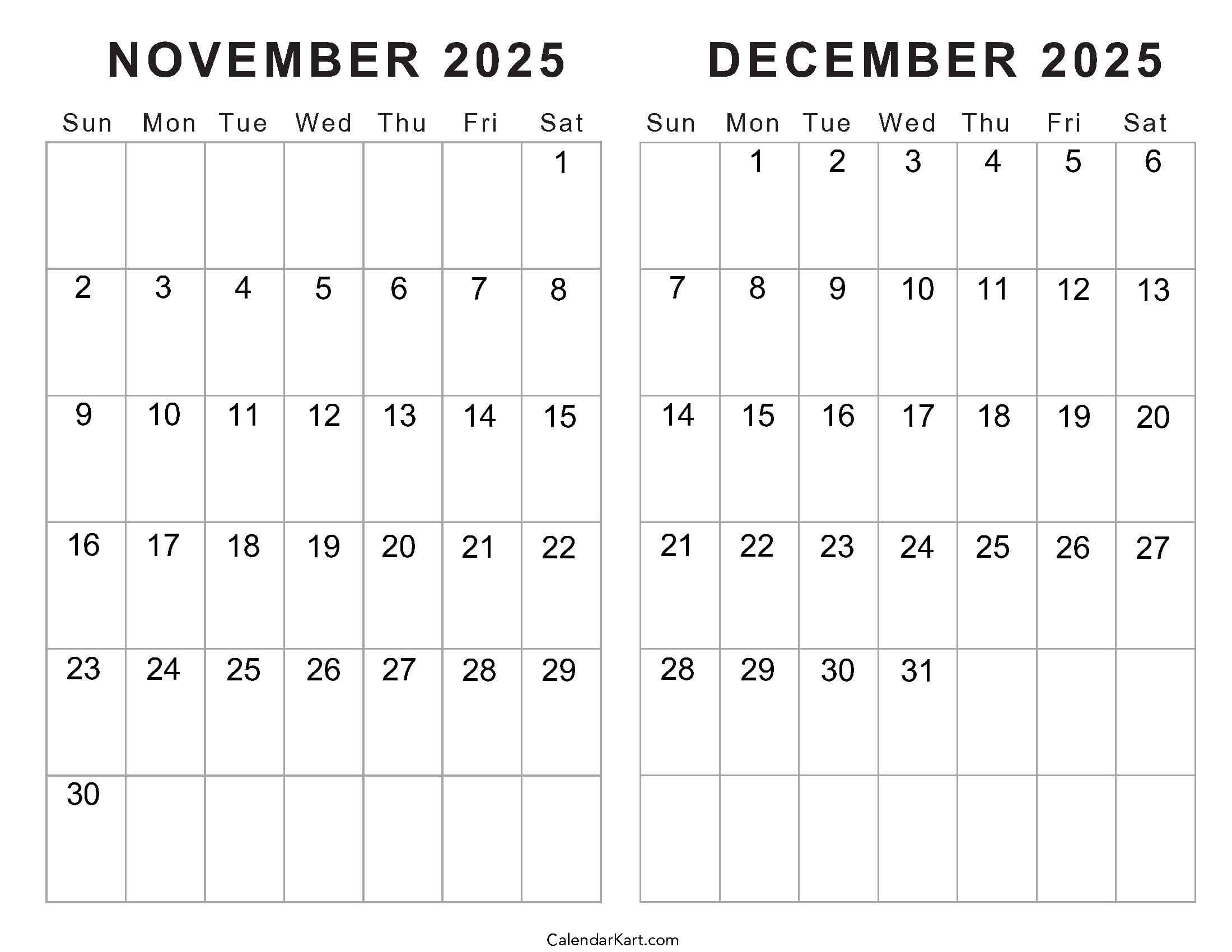 Printable November December 2025 Calendars | Calendarkart with regard to Printable November December 2025 Calendar