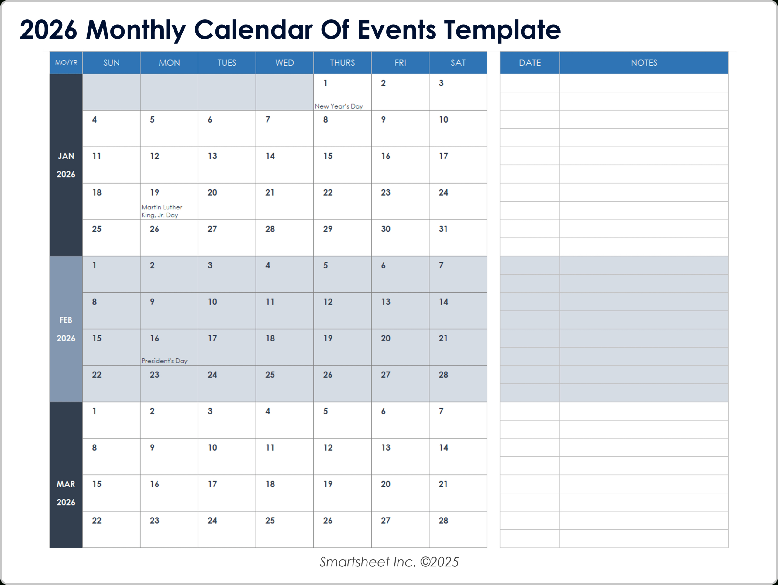 15 Free 2026 Monthly Calendar Templates | Smartsheet for Absence Calendar 2026 Template