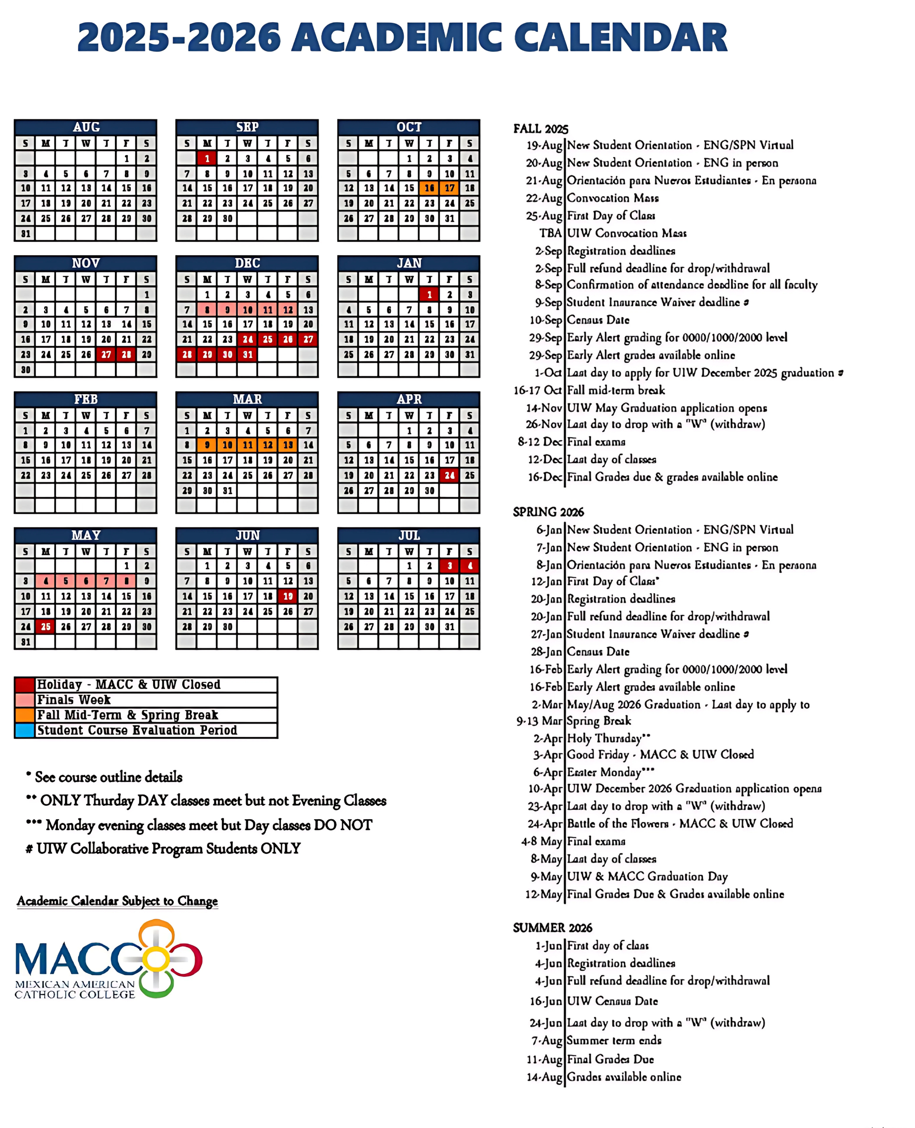 2025-2026 Macc Academic Calendar Image - Macc in Catholic University Academic Calendar 2026