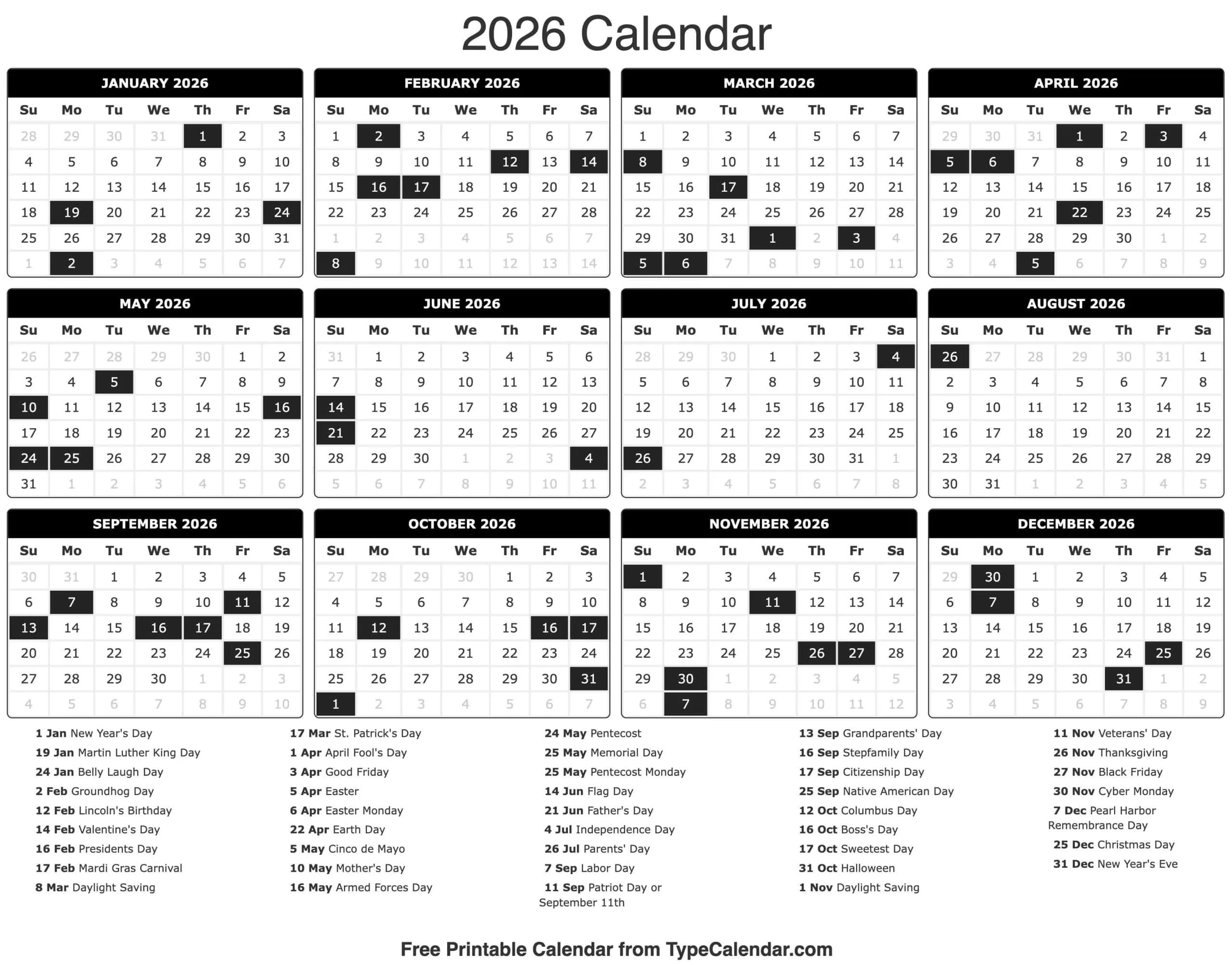 2026 Calendar - Free Printable Calendar With Holidays for Yearly Event Calendar 2026