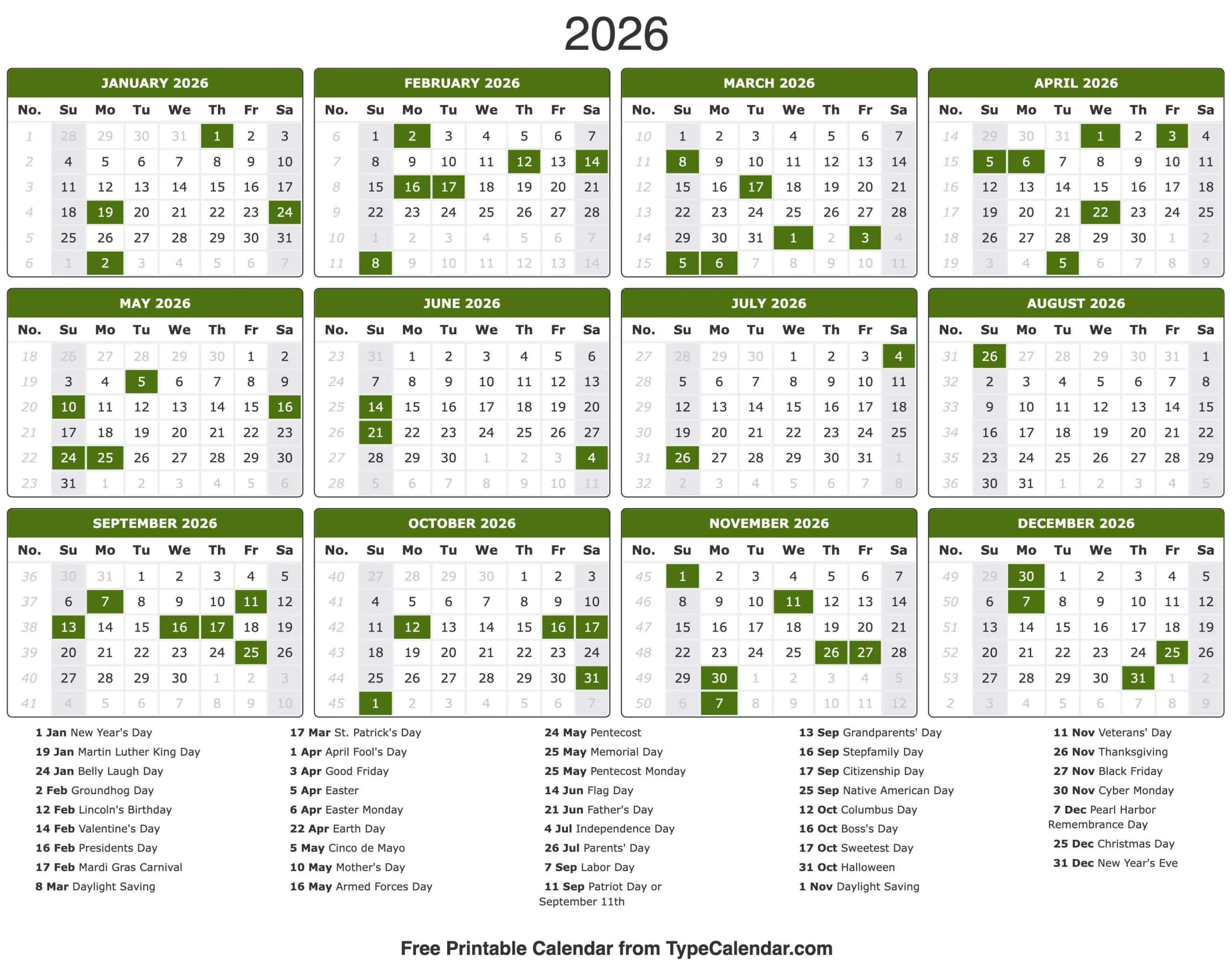 2026 Calendar - Free Printable Calendar With Holidays in 2026 Julian Calendar With Holidays