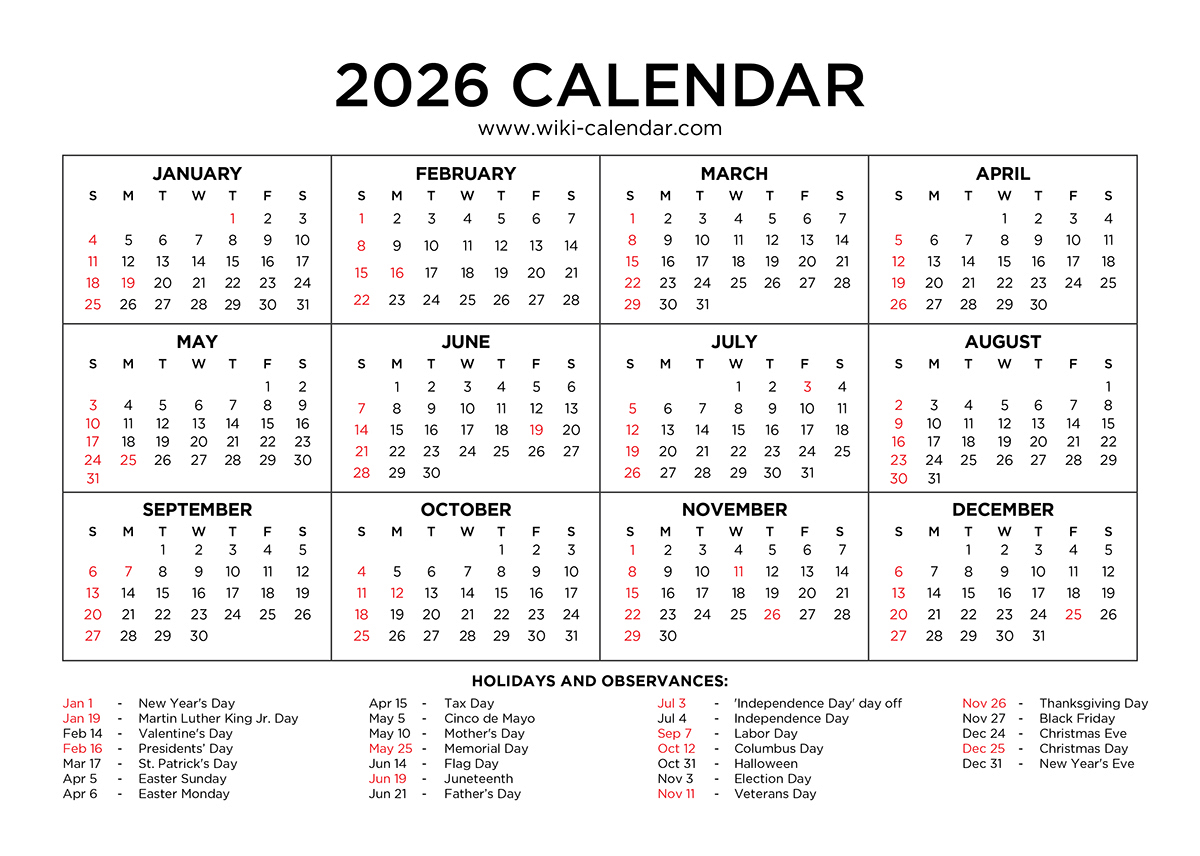 2026 Calendar Printable - Free Pdf With Holidays for January 2026 Printable Calendar Wiki