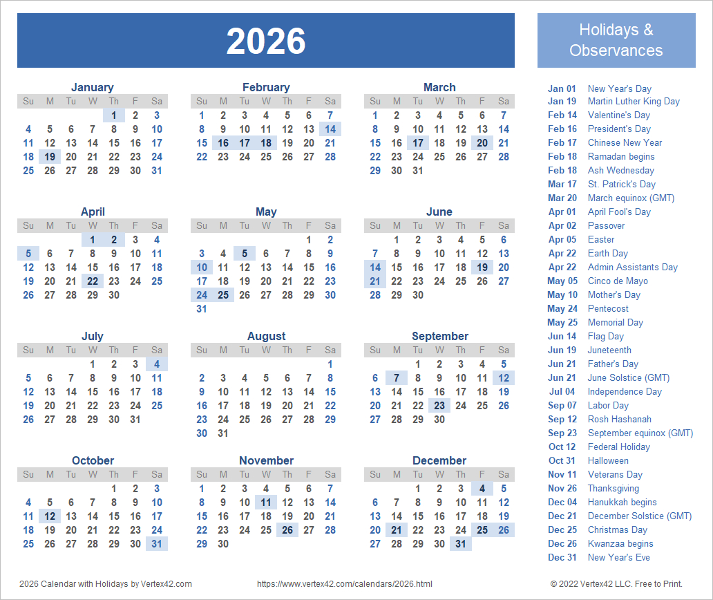 2026 Calendar Templates And Images inside 2026 Yearly Calendar With Holidays