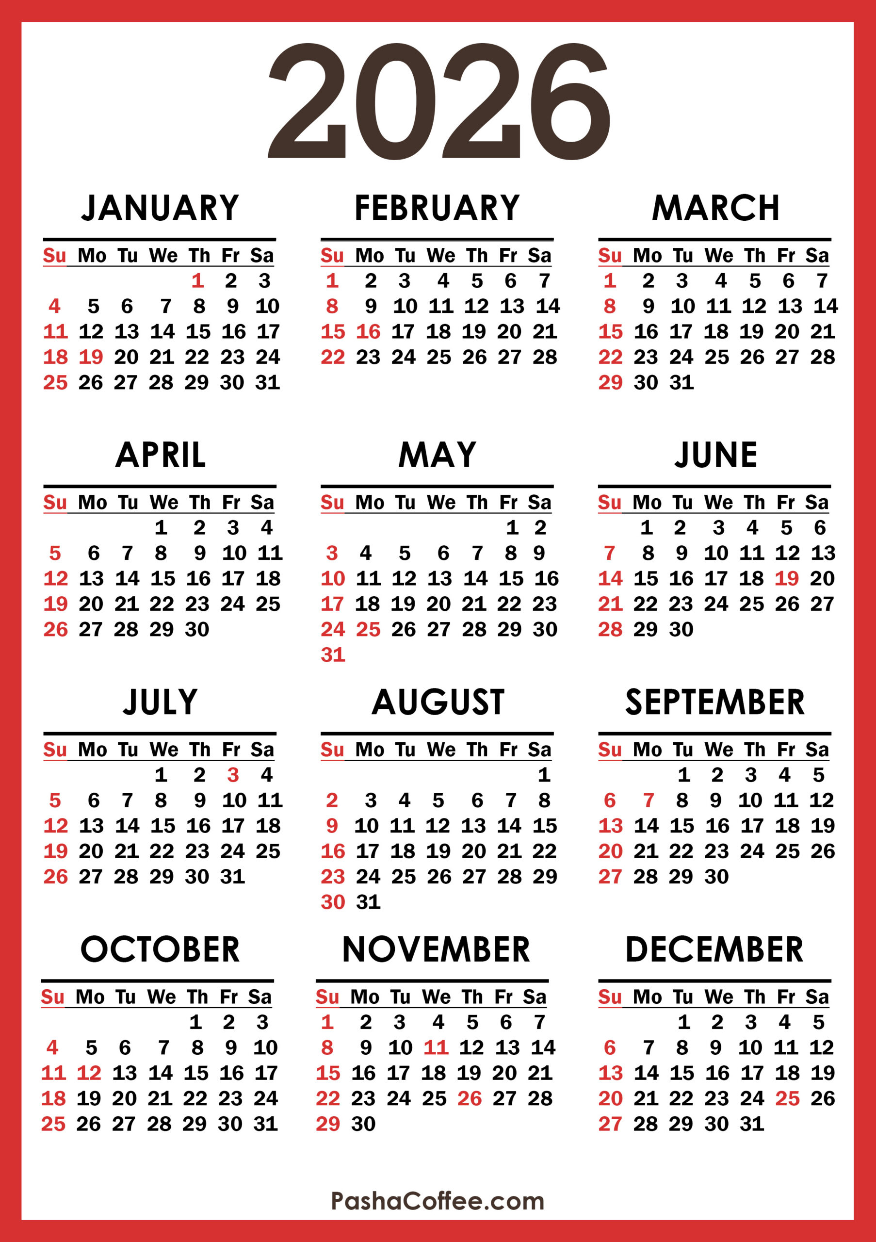2026 Calendar With Holidays, Printable Free, Vertical, Red intended for 2026 Calendar Year With Holidays