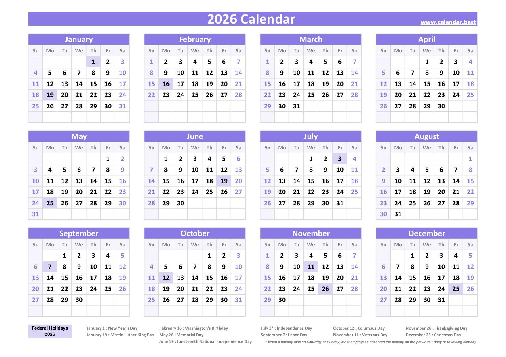 2026 Calendar With Holidays (Us Federal Holidays) for Calendar For Year 2026 (United States)