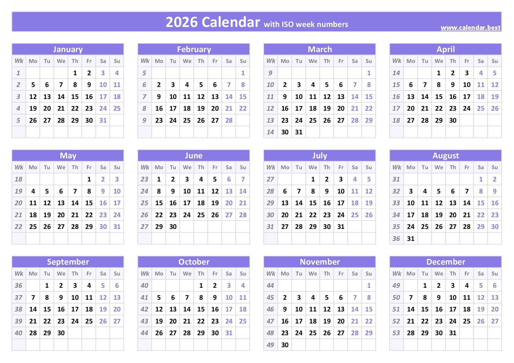 2026 Calendar With Week Numbers (Us And Iso Week Numbers) throughout What Calendars Work in 2026?