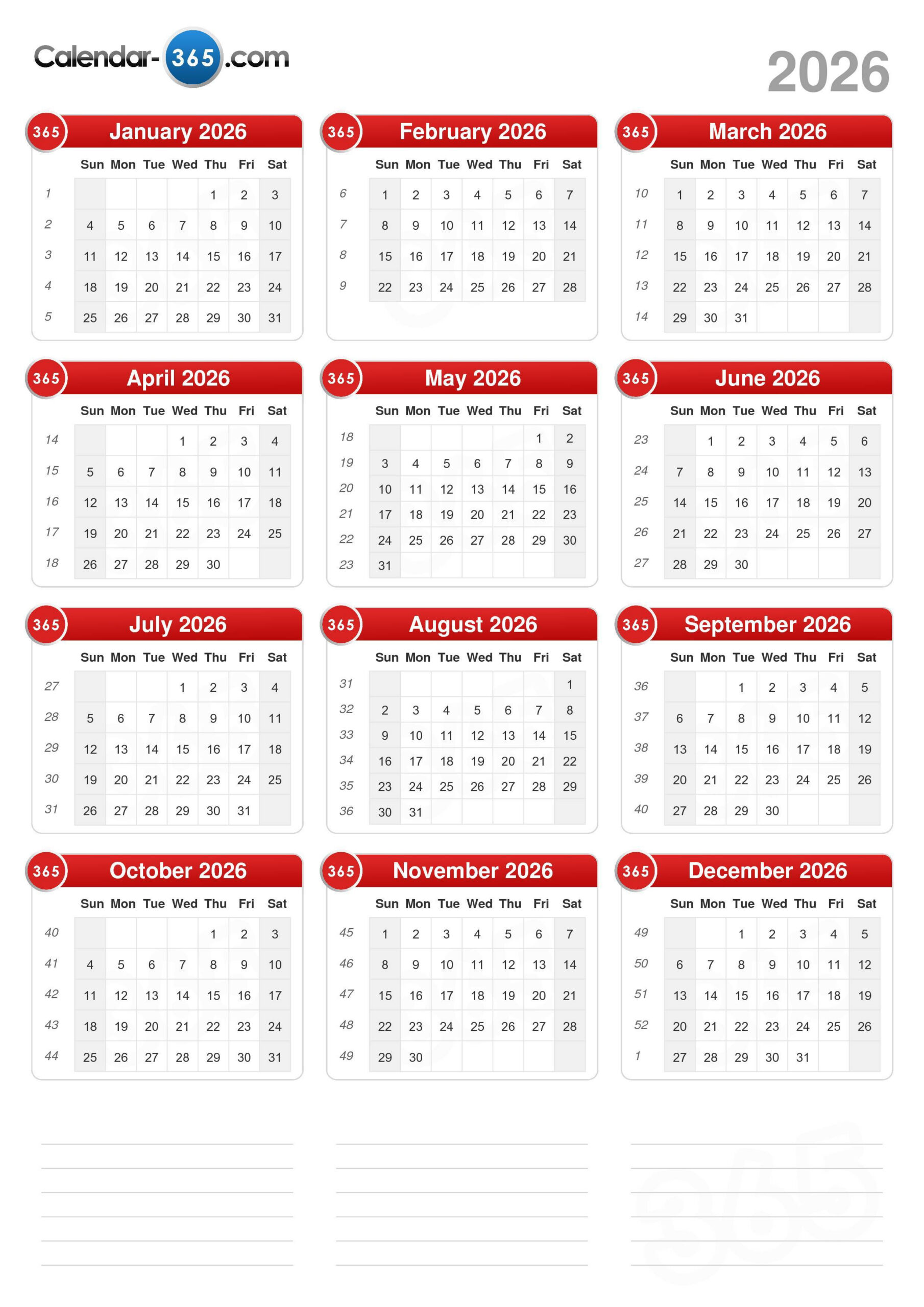 2026 Calendar within Calendar For Year 2026 (United States)