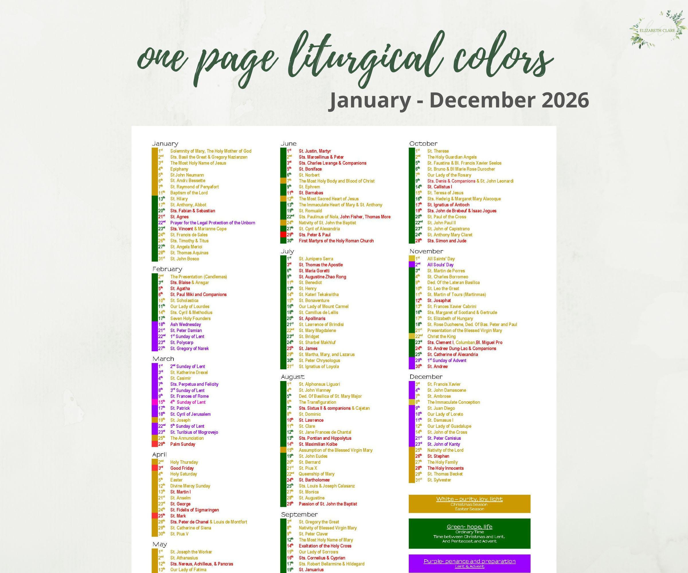 2026 Catholic Liturgical Year Calendar At A Glance: Liturgical inside Pcusa Liturgical Calendar 2026