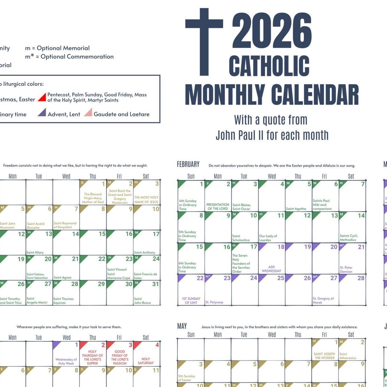 2026 Color-Coded Liturgical Calendar - Instant Download Catholic intended for 2026 Catholic Calendar With Events