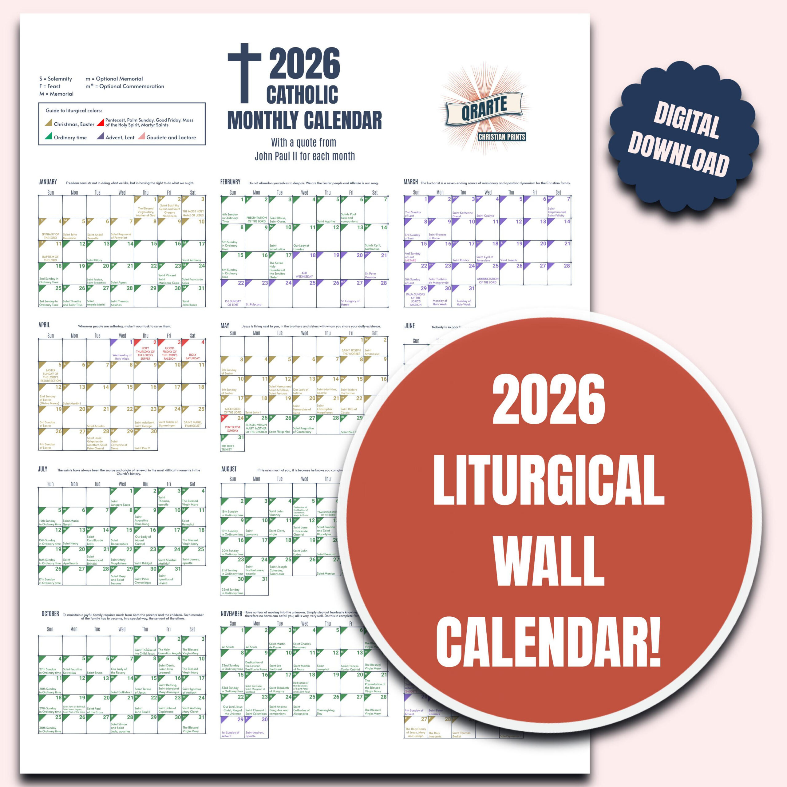 2026 Color-Coded Liturgical Calendar - Instant Download Catholic regarding Liturgical Wall Calendar 2026