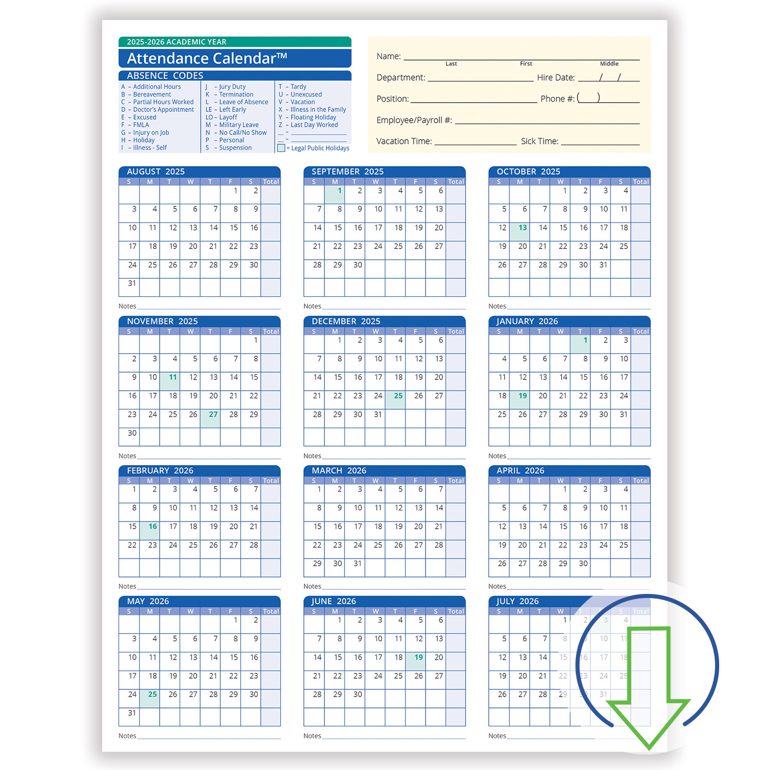 2026 Downloadable Academic Year Employee Attendance Calendar inside Attendance Calendar 2026 Free Printable