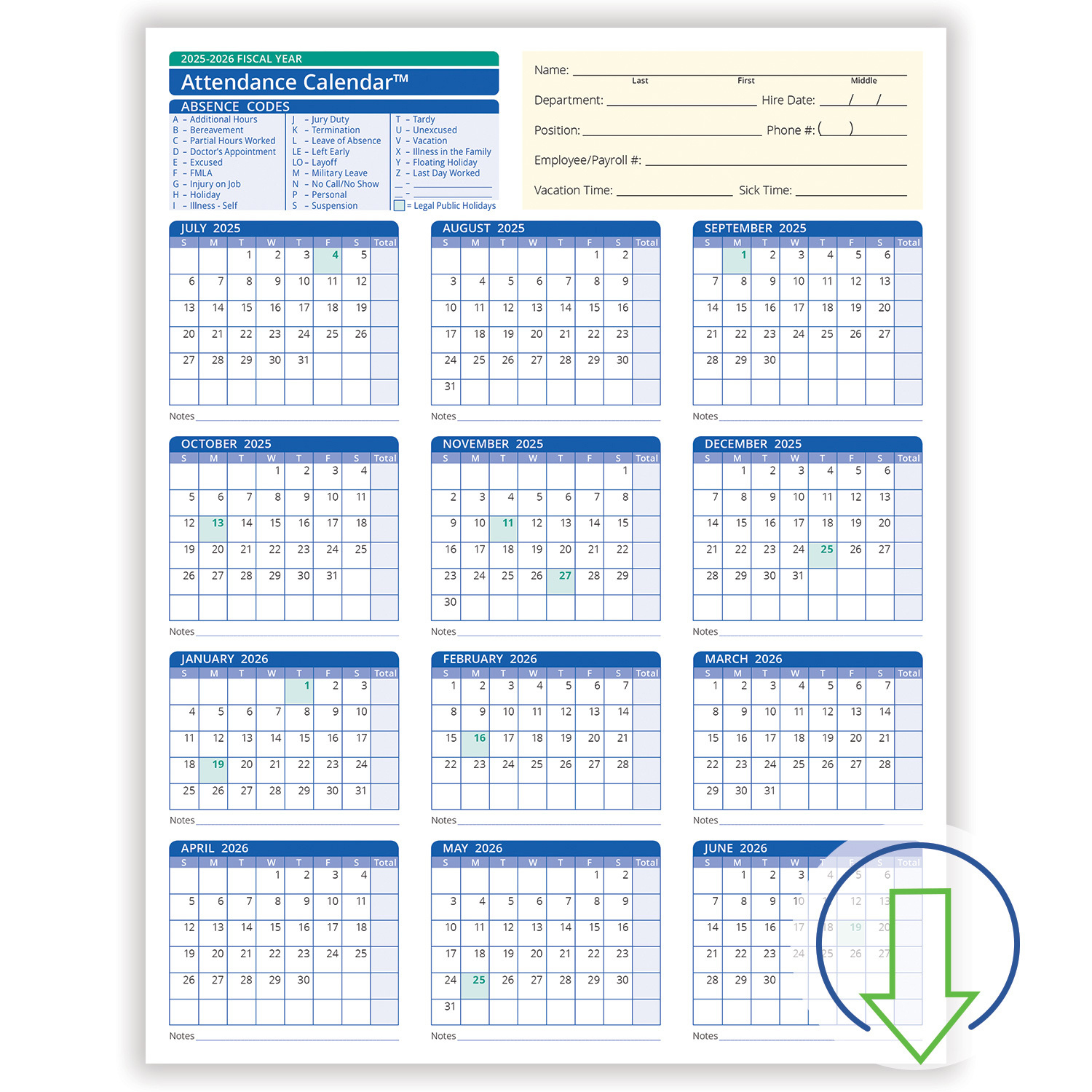 2026 Downloadable Fiscal Year Employee Attendance Calendar | Hrdirect with 2026 Employee Attendance Calendar Template Free