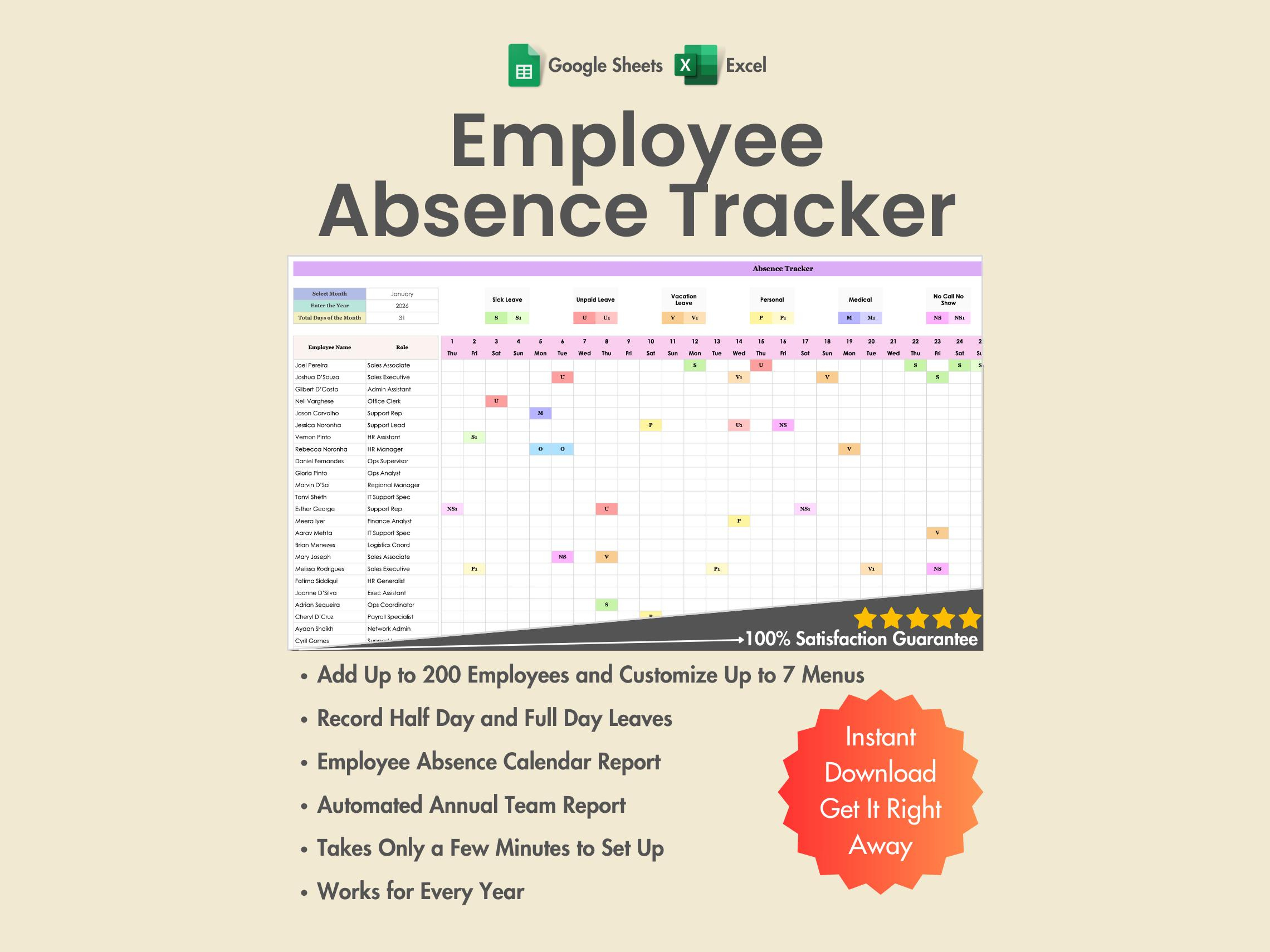 2026 Employee Absence Tracker, Excel, Google Sheets, Pto Planner throughout Staff Attendance For January 2026