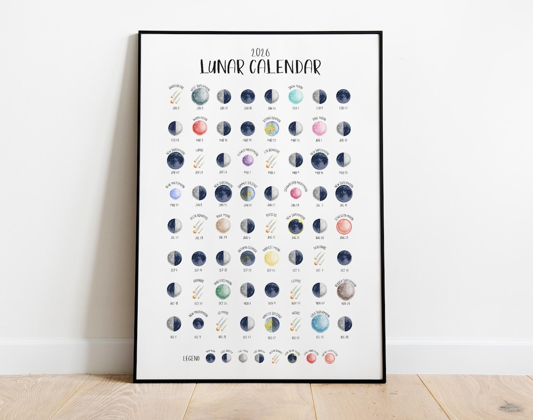 2026 Lunar Calendar Print | Northern Hemisphere | Illustrated Moon Phases & Full Moon Names | Shows Eclipses, Meteor Showers And Supermoons - Etsy.de in New Moon and Full Moon Calendar 2026