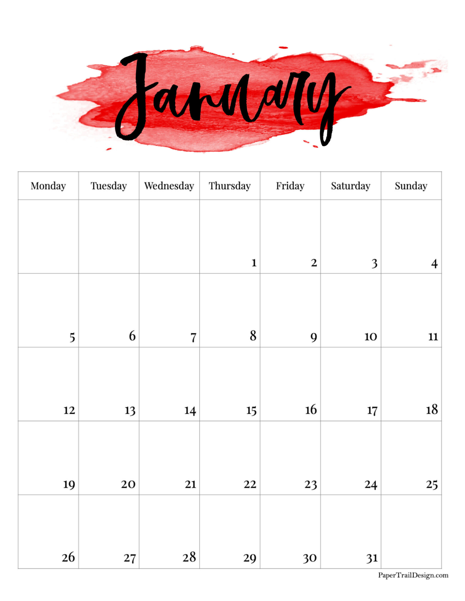 2026 Monday Start Watercolor Calendar - Paper Trail Design inside January 2026 Calendar Printable Monday Start