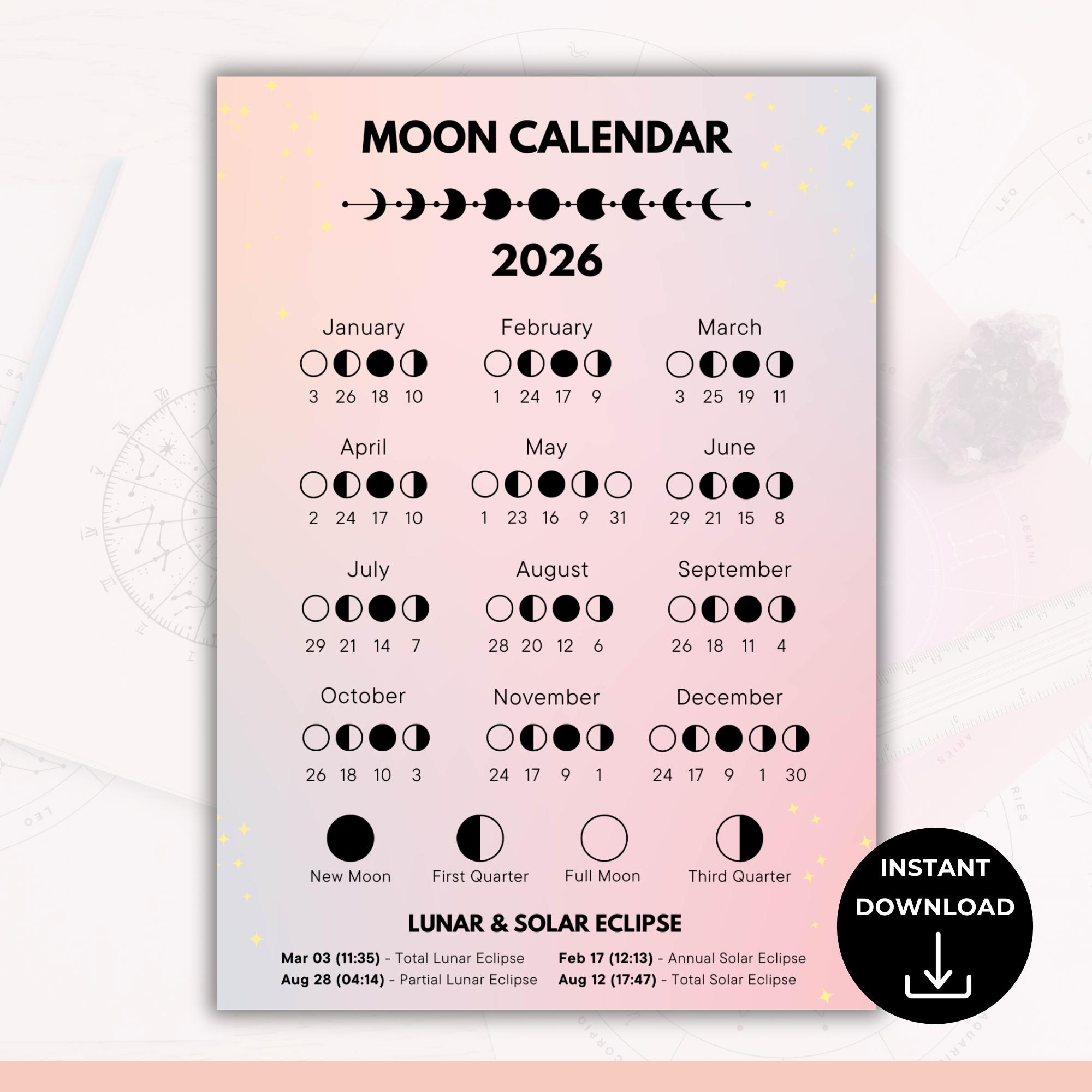 2026 Moon Phases Calendar, Lunar Calendar, Astrology Calendar with Full Moon Calendar 2026 Canada