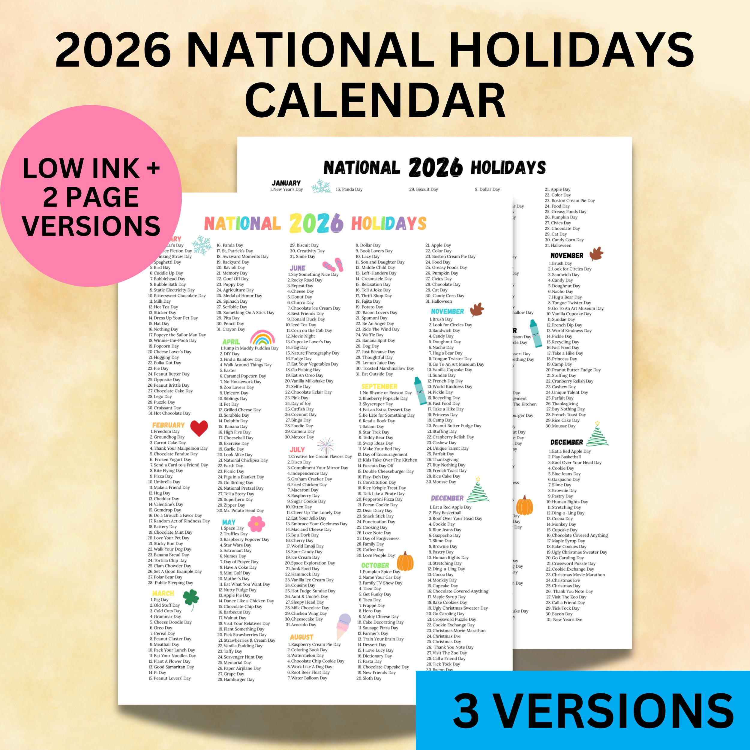 2026 National Holidays Calendar Printable, Funny Holiday List, Wacky  Holidays To Celebrate, National Days 2026 Homeschool Print, Teacher Day in National Day Calendar 2026