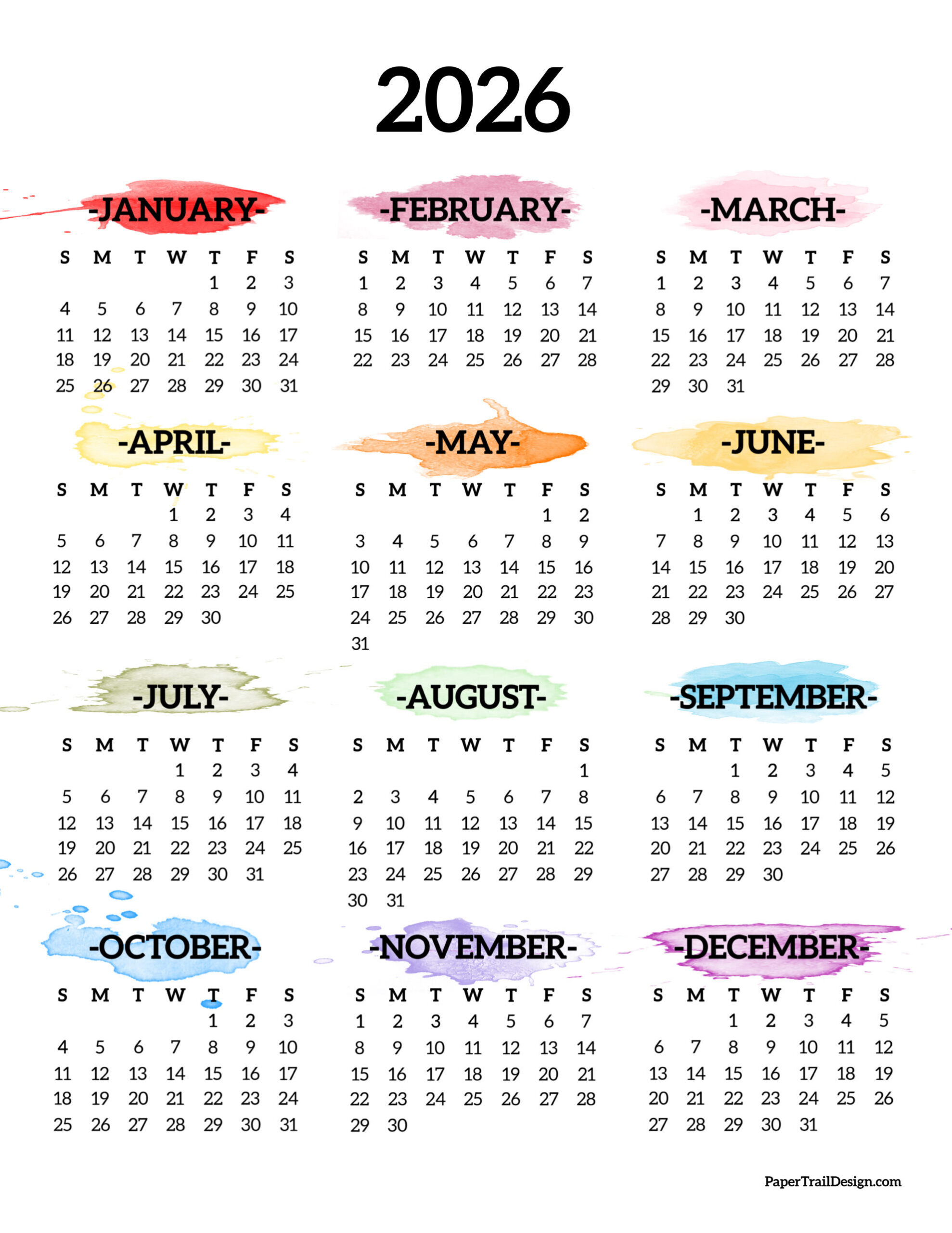 2026 Printable Calendar One Page - Paper Trail Design intended for Yearly Calendar 2026 Printable