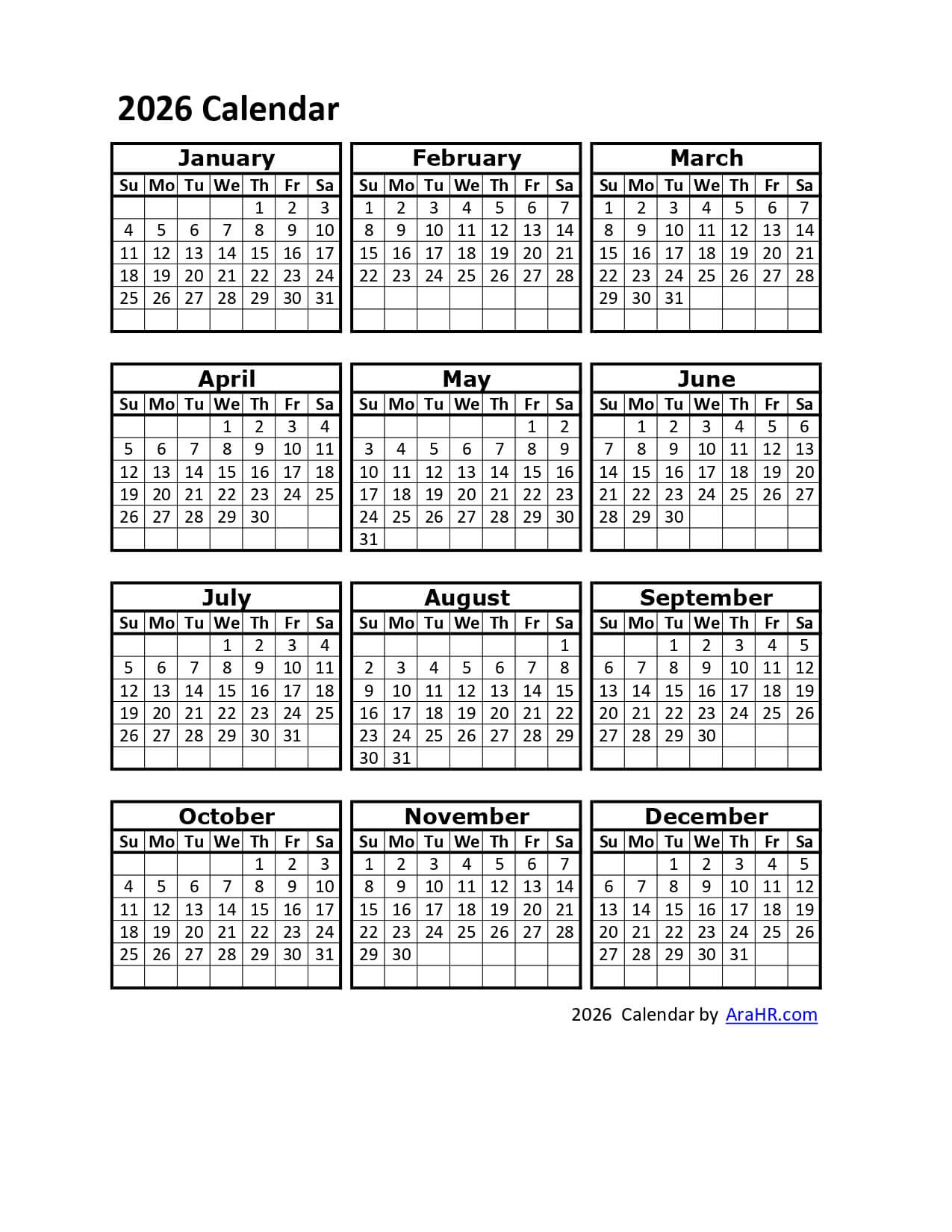 2026 Printable Calendar Template - Excel - Pdf - Image within Employee Attendance Calendar 2026 Printable Free Download