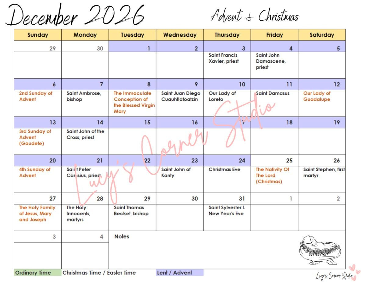 2026 Printable Monthly Catholic Calendar, Liturgical Catholic inside Catholic Holiday Calendar 2026