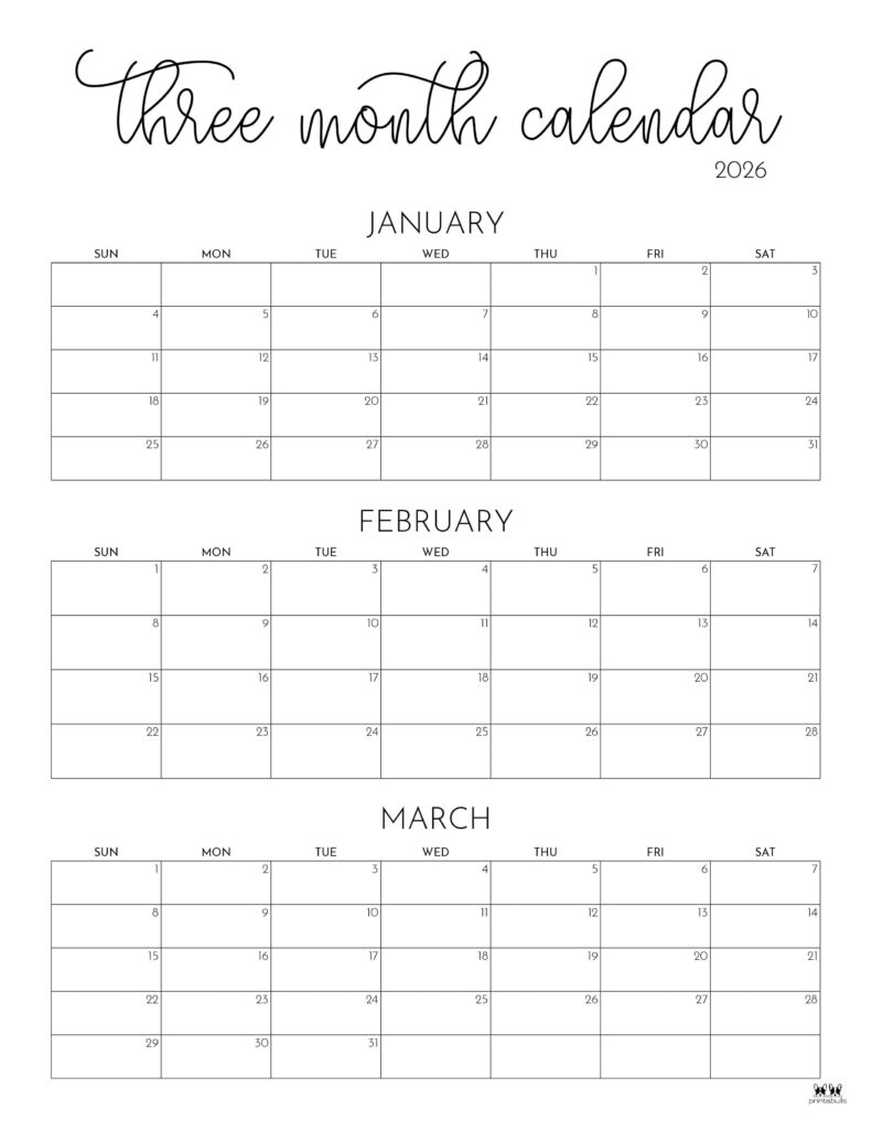 2026 Three Month/Quarterly Calendars - 36 Free Cals | Printabulls pertaining to Printable Calendar 2026 January February March