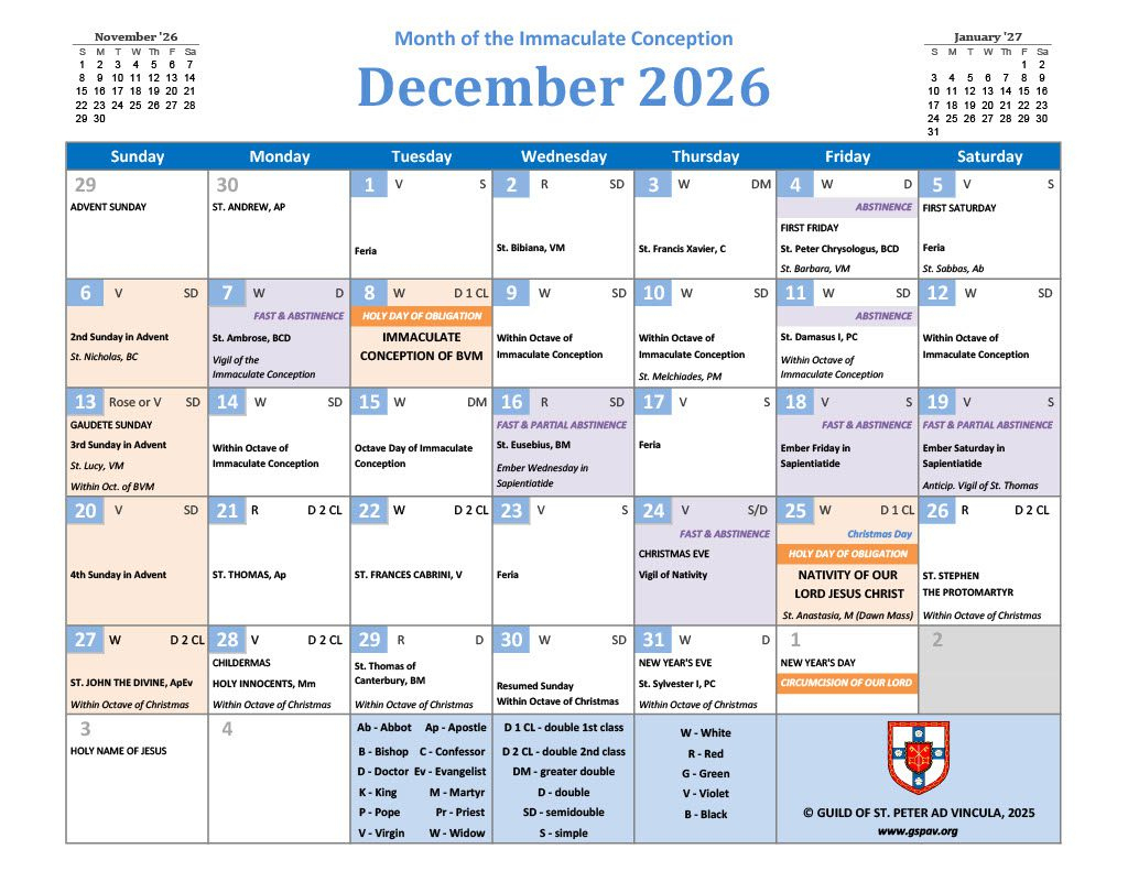 2026 Traditional Catholic Calendar - Guild Of St. Peter Ad Vincula pertaining to April 2026 Calendar with Catholic Holidays