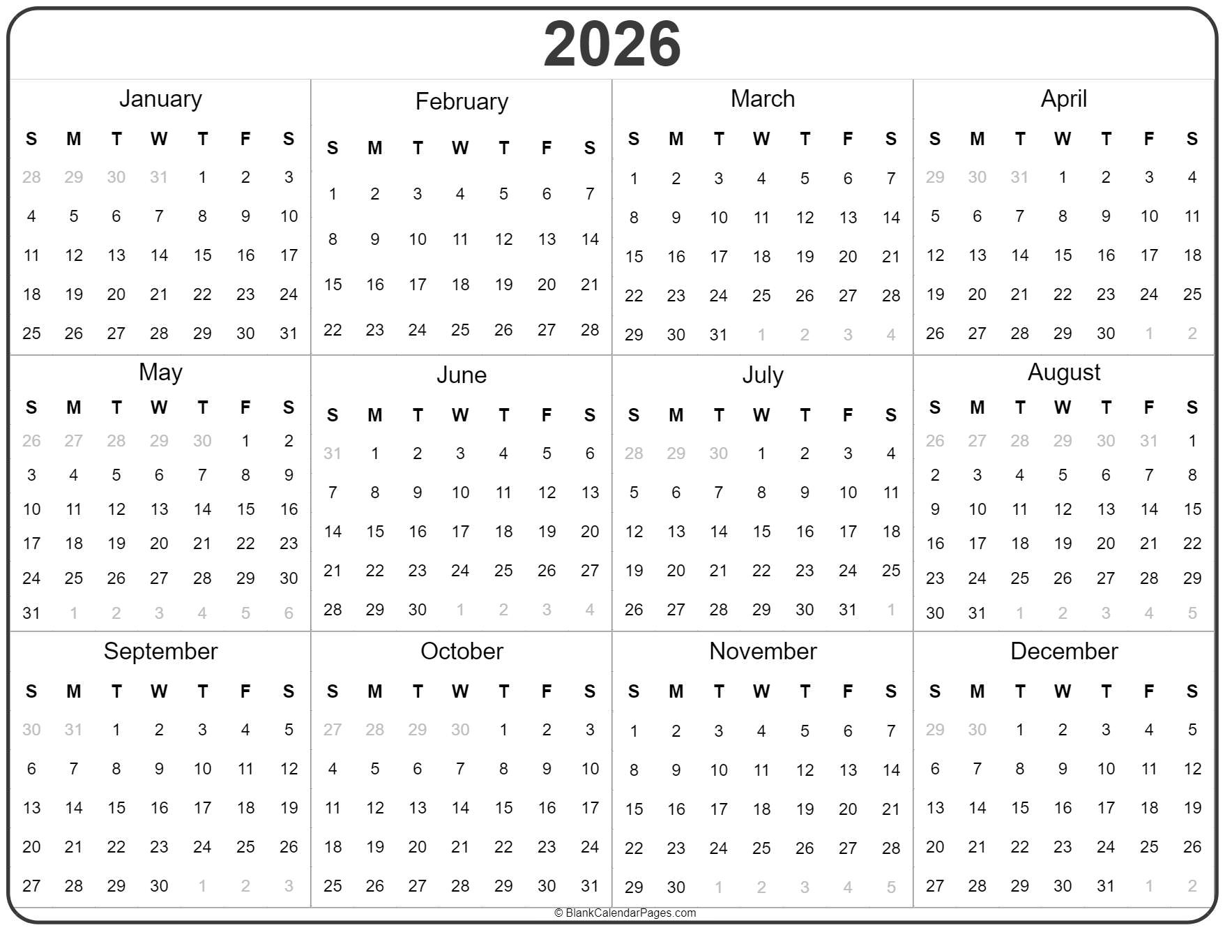 2026 Year Calendar | Yearly Printable for Yearly Calendar 2026 Printable