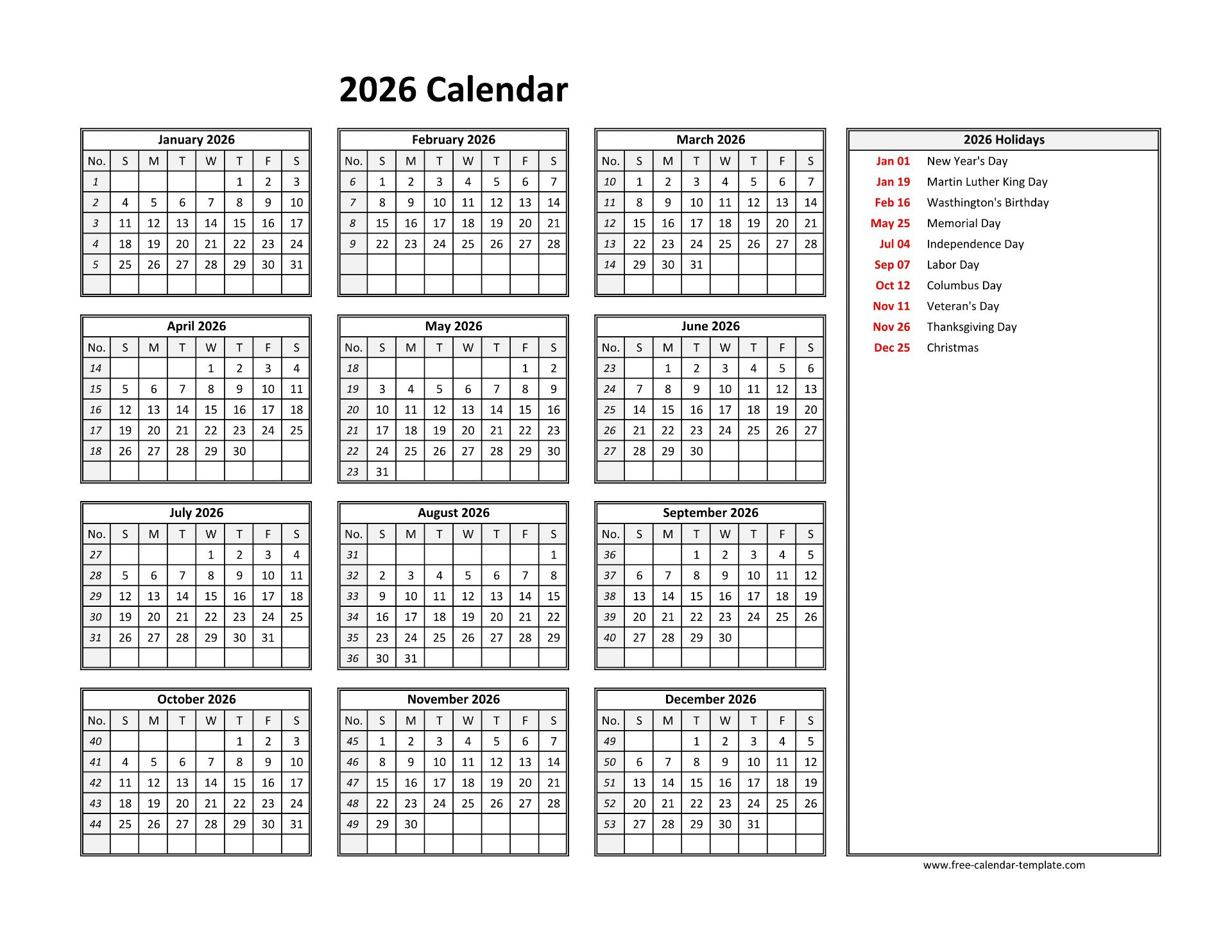 2026 Yearly Calendar Printable With Week Numbers | Free-Calendar regarding Employee Attendance Calendar 2026 Template Free