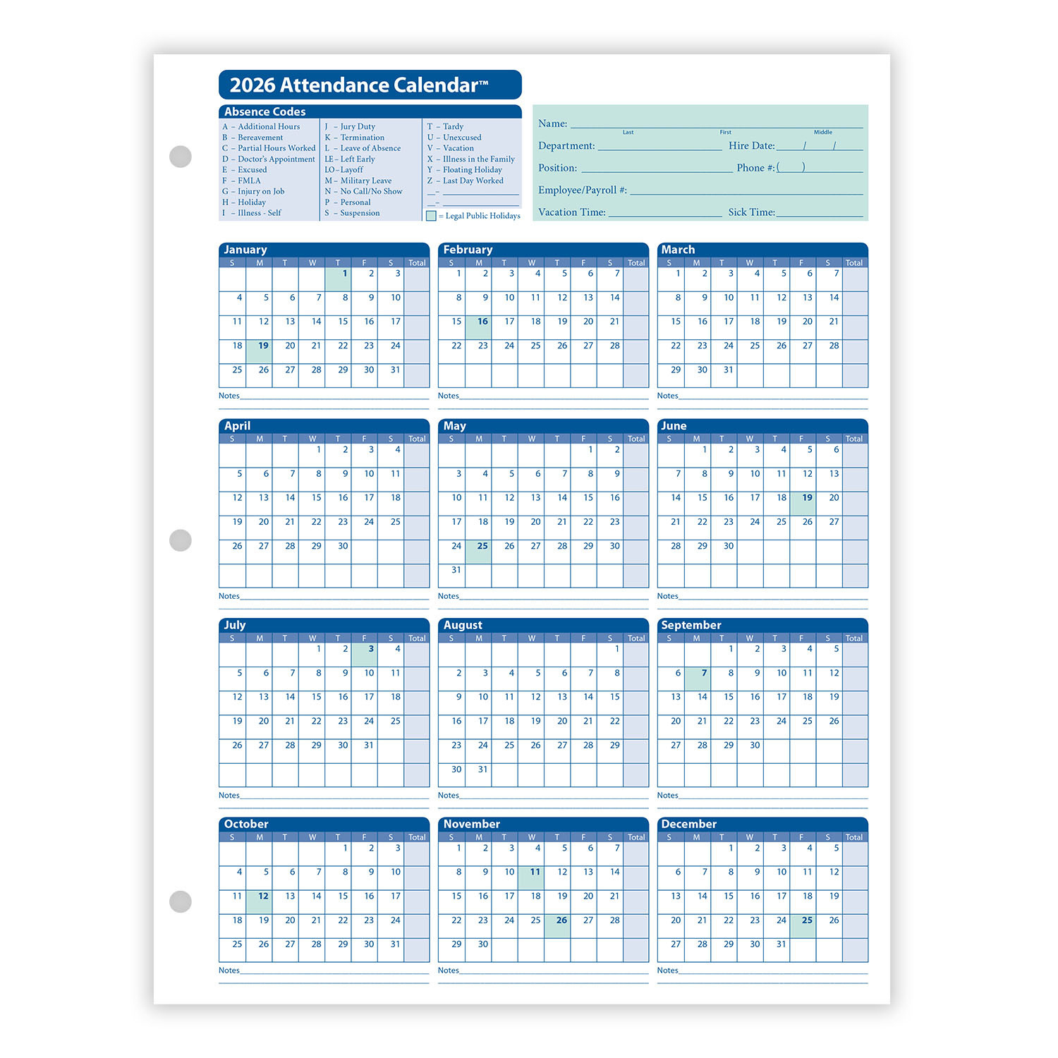 2026 Yearly Employee Attendance Calendar | Yearly Calendar | Hrdirect in 2026 Attendance Sheets