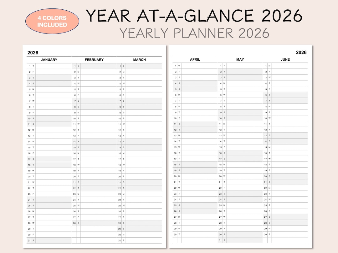 2026 Yearly Planner Calendar, Year At-A-Glance, 4 Colors within At a Glance Yearly Calendar 2026