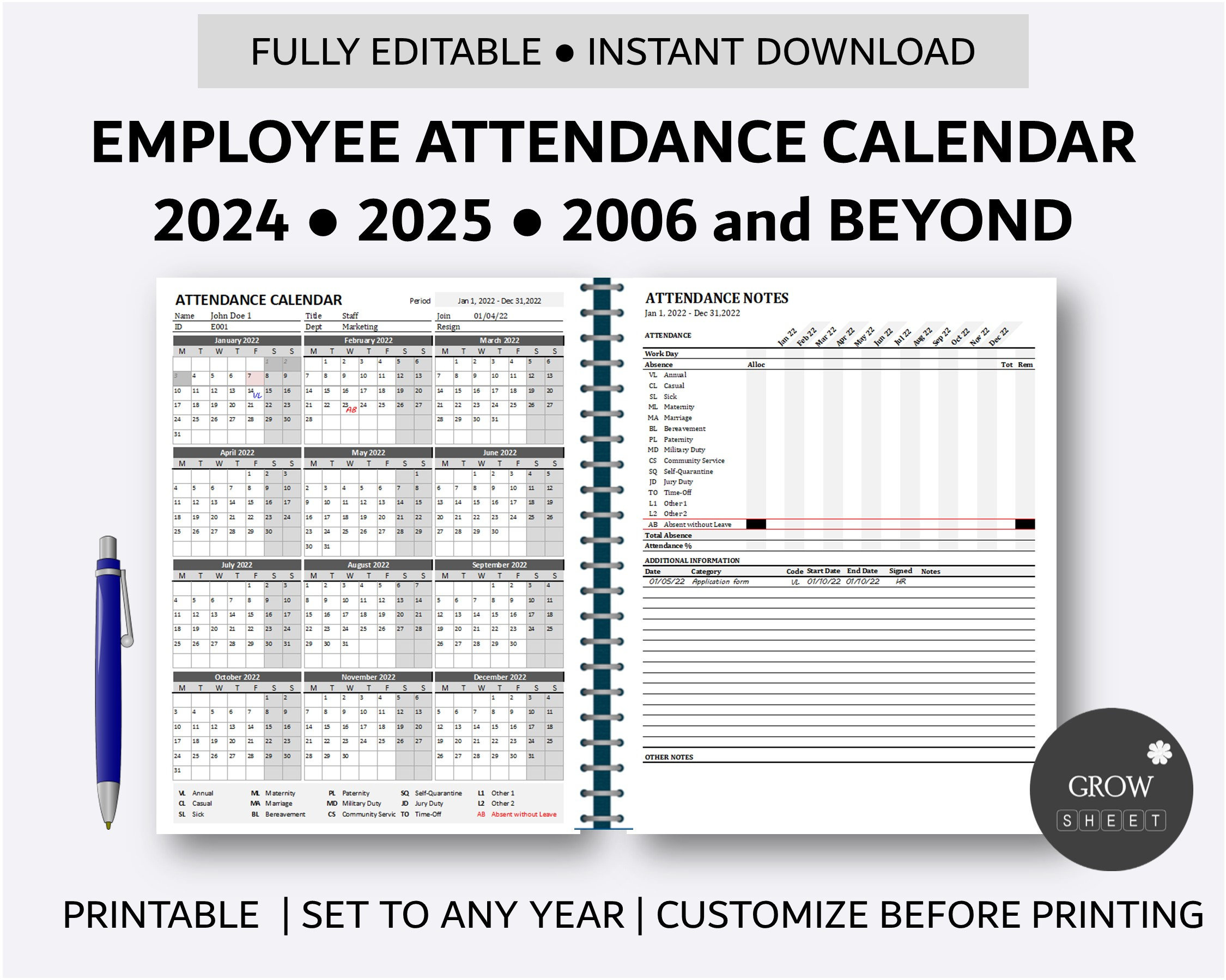 3 Ring Binder Calendar 2024 Attendance Calendar Work Tracker with regard to Ppe Employee Attendance Calendar 2026