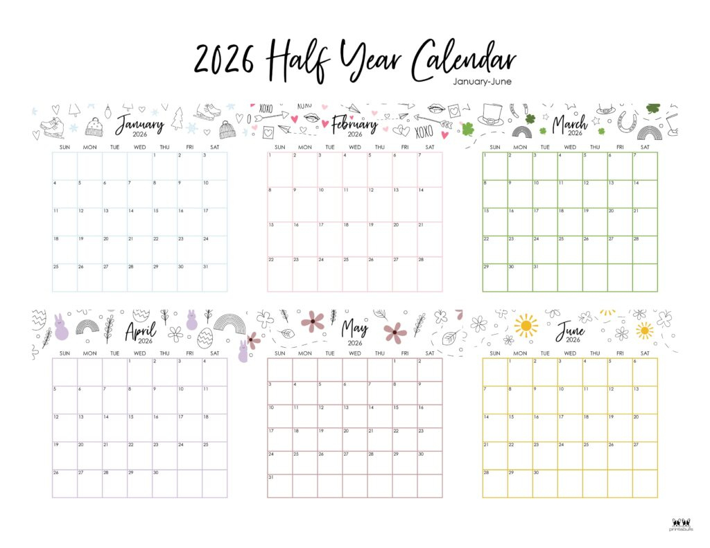 6 Month Calendars 2026 - 40 Free Calendars | Printabulls within January To June 2026 Calendar Printable