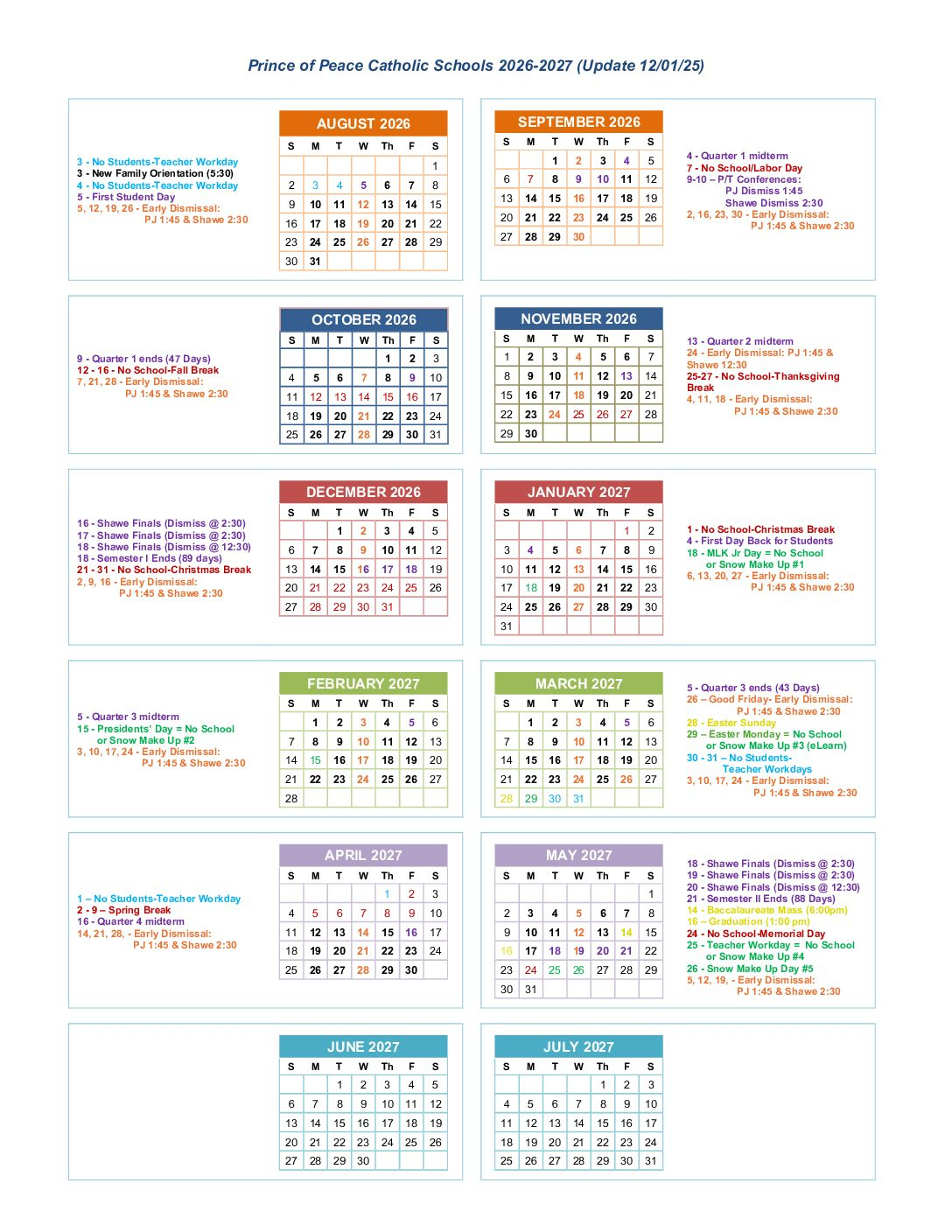 Academic & Lunch Calendars - Prince Of Peace Catholic Schools within Catholic School Calendar 2026 - 2027